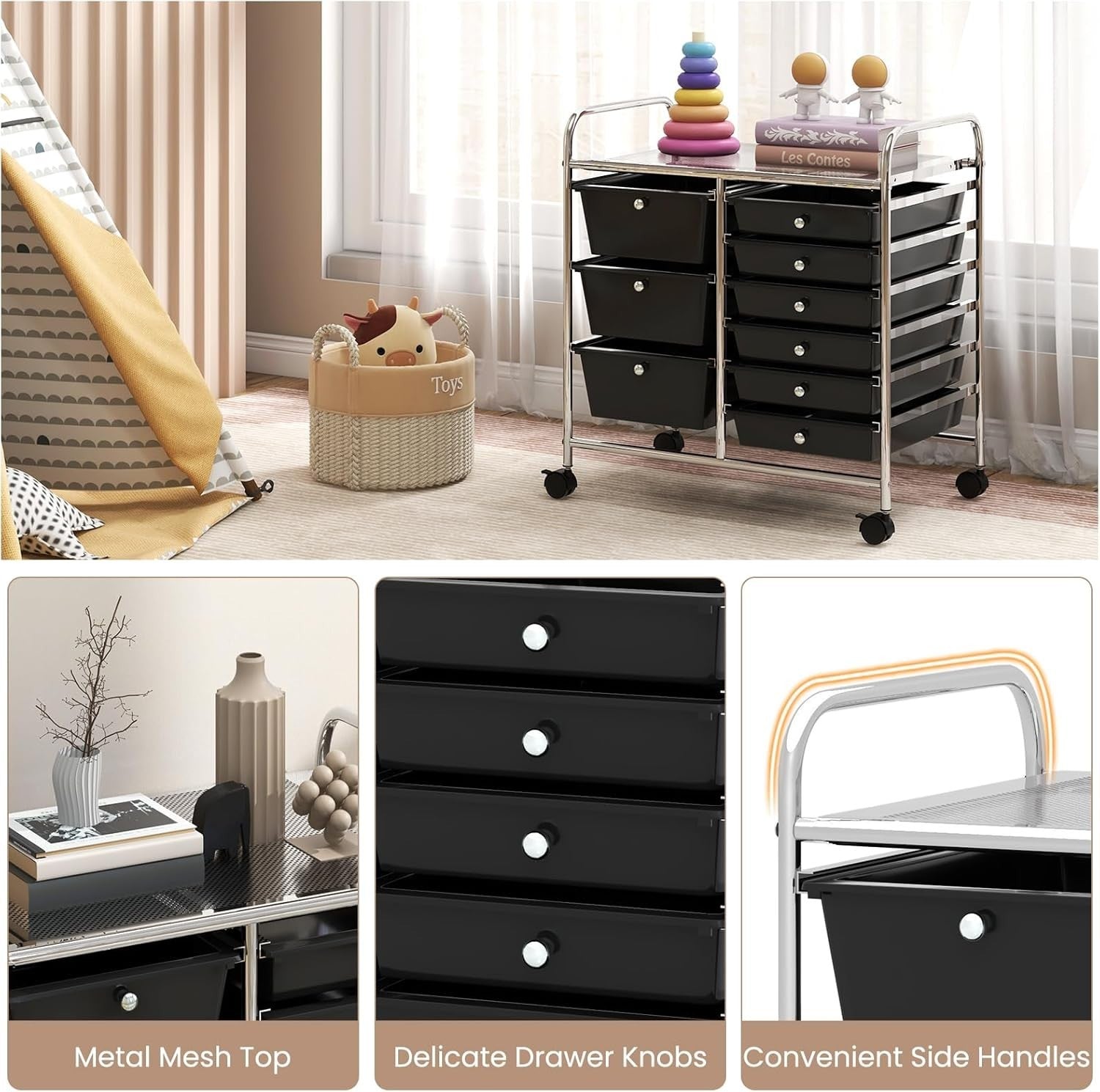 9 Drawer Rolling Storage Cart Utility Organizer Trolley Black Wheels