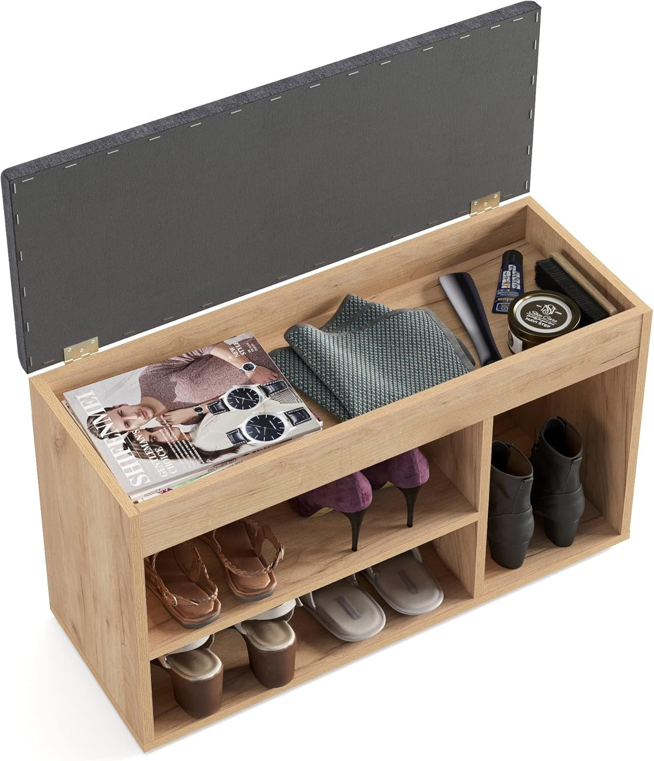 Honey Oak Shoe Storage Bench with Cushion Hidden Seat for Entryway Hallway