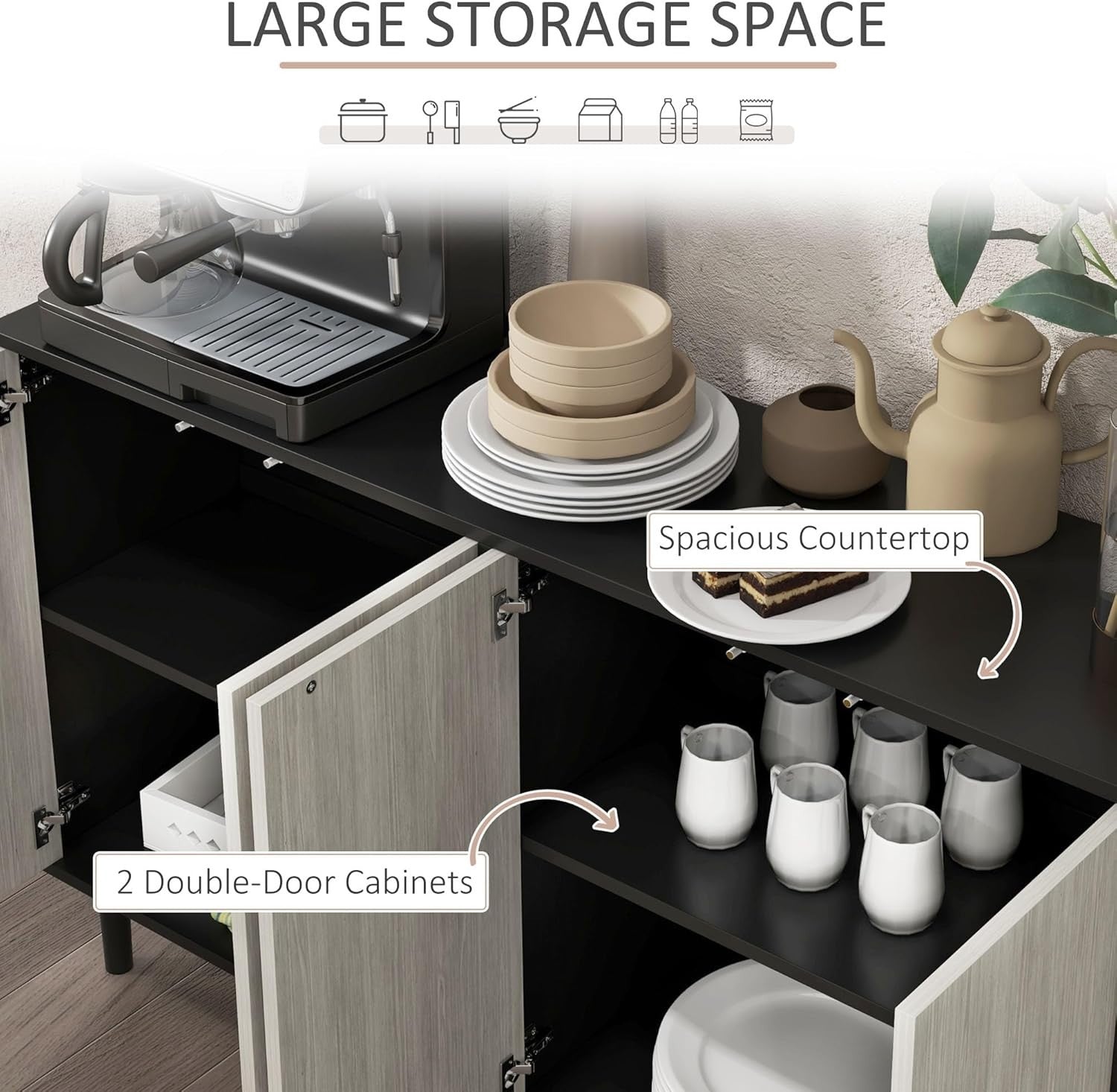 Modern Sideboard Cabinet with Adjustable Shelves, 4 Doors, Solid Wood Legs