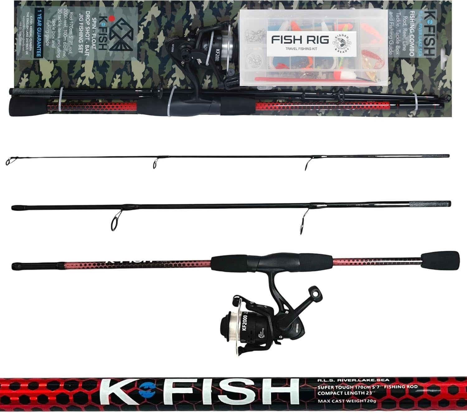 3-Section Fishing Rod Reel Combo Kit with Tackle Box Lures 170cm