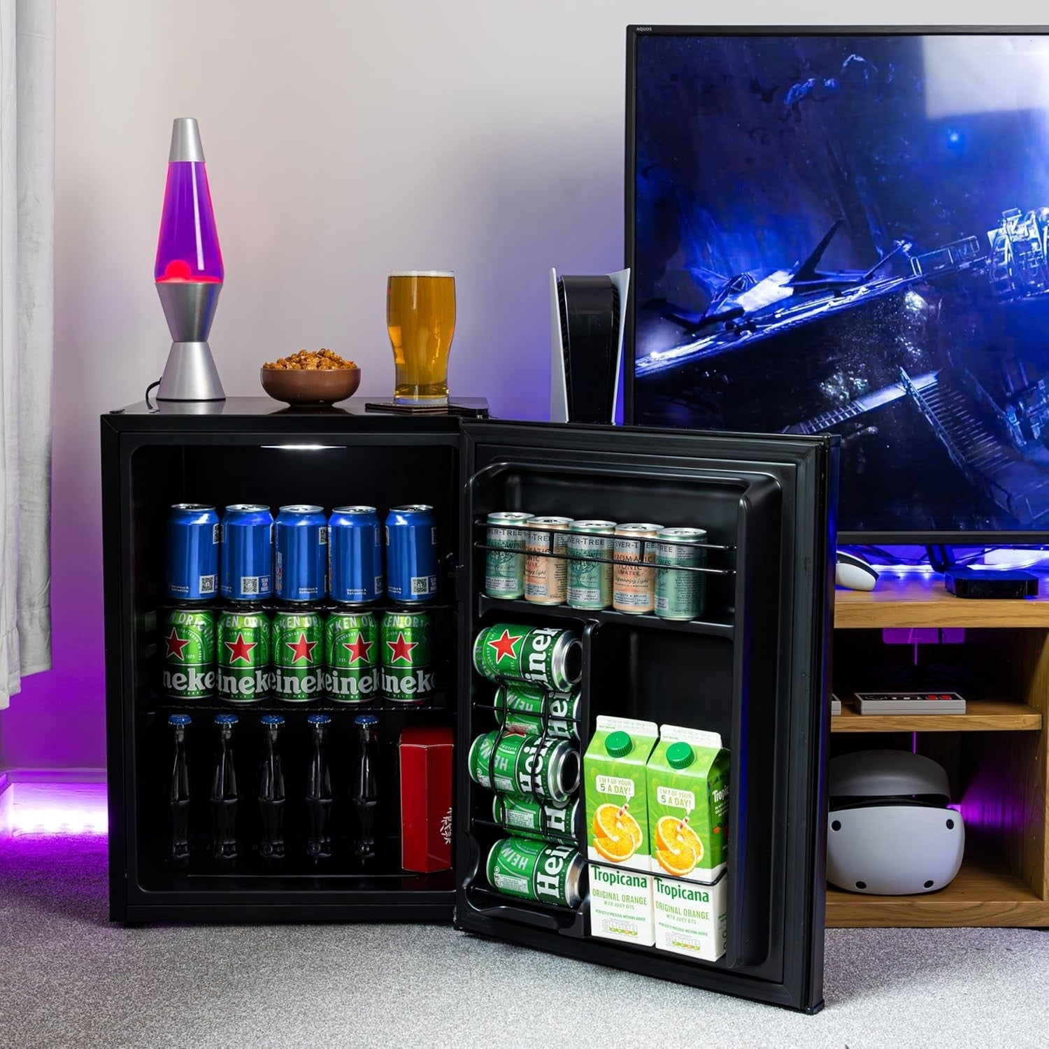 54L Mini Fridge Beer & Drink Cooler LED Solid Door Compact Black