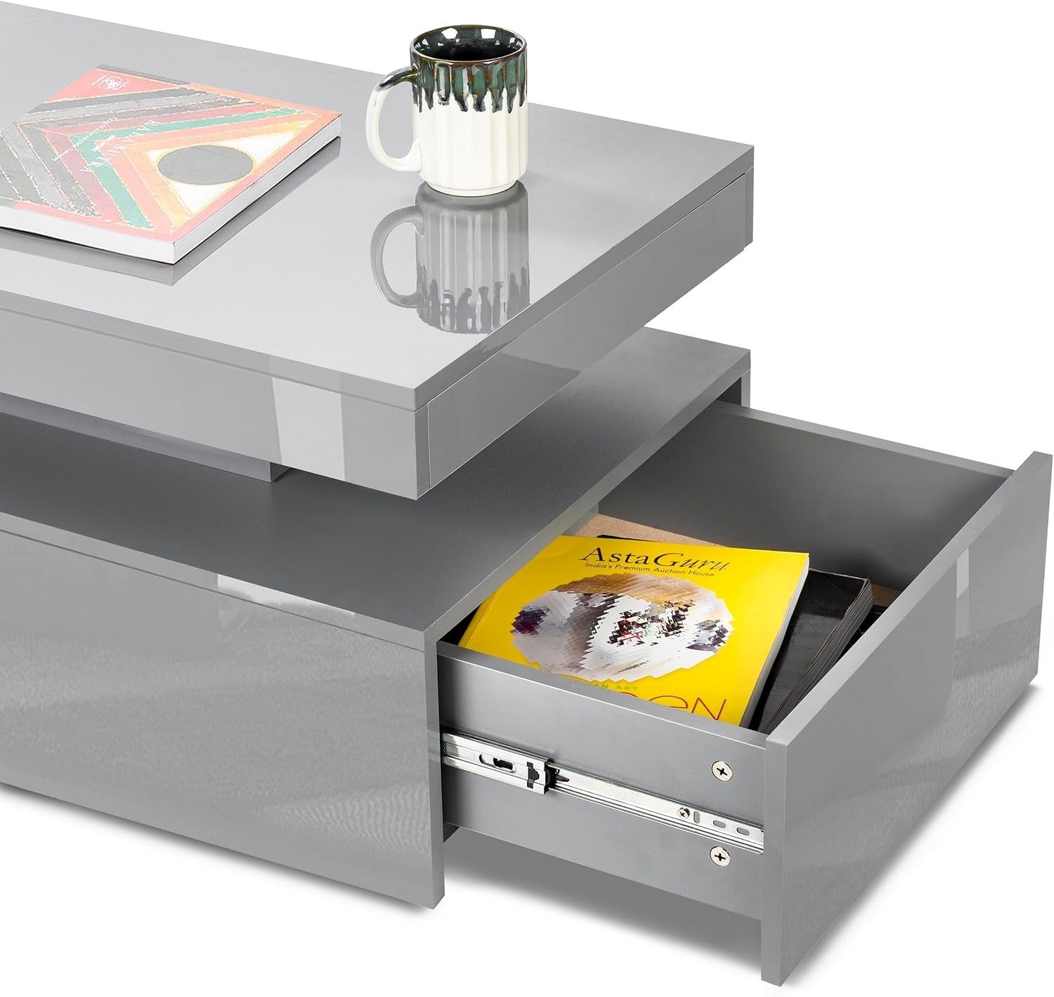 Grey LED Coffee Table with 2 Drawers, High Gloss, RGB Lights 94x47x38cm