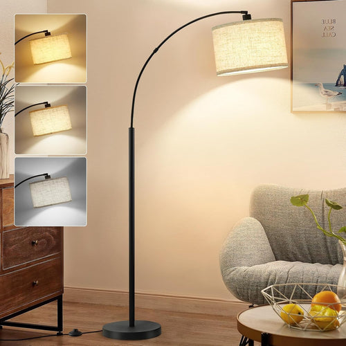 Black Arc Floor Lamp Adjustable Head Tall Standing Light with Fabric Shade