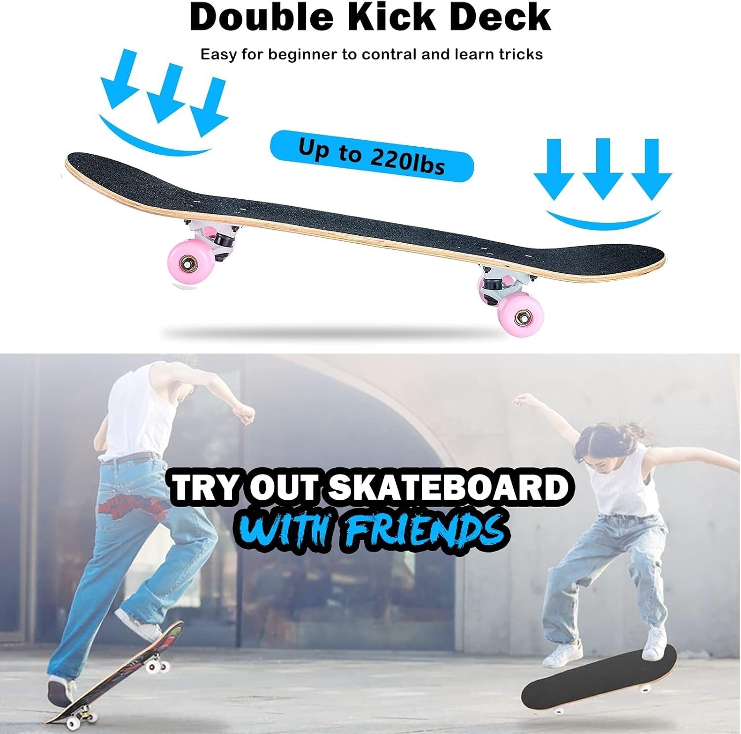 31x8 Complete Maple Skateboard Double Kick Pink Cruiser Kids Teens Adult