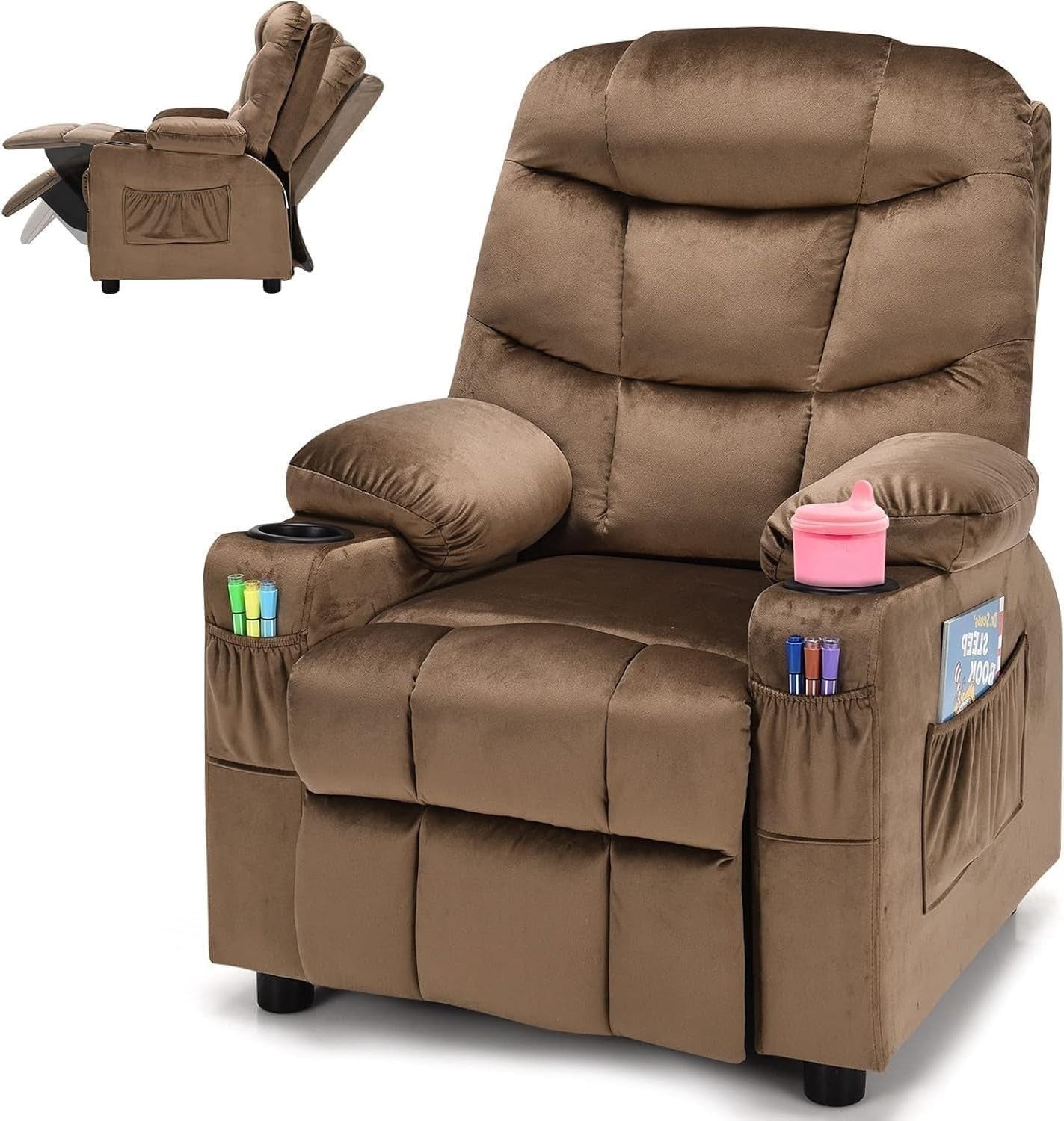 Adjustable Kids Recliner Chair Brown w/ Footrest, Velvet, Cup Holders & Storage