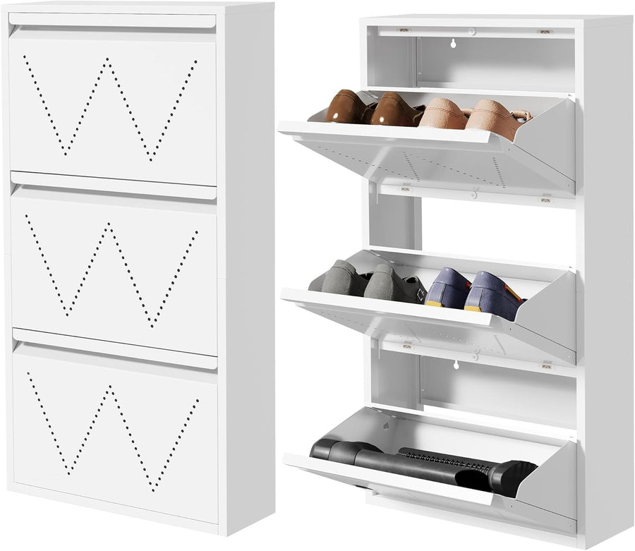 Slim Metal Shoe Cabinet 2-Pack with 3 Flip Drawers & Anti-Tip Wall Mount