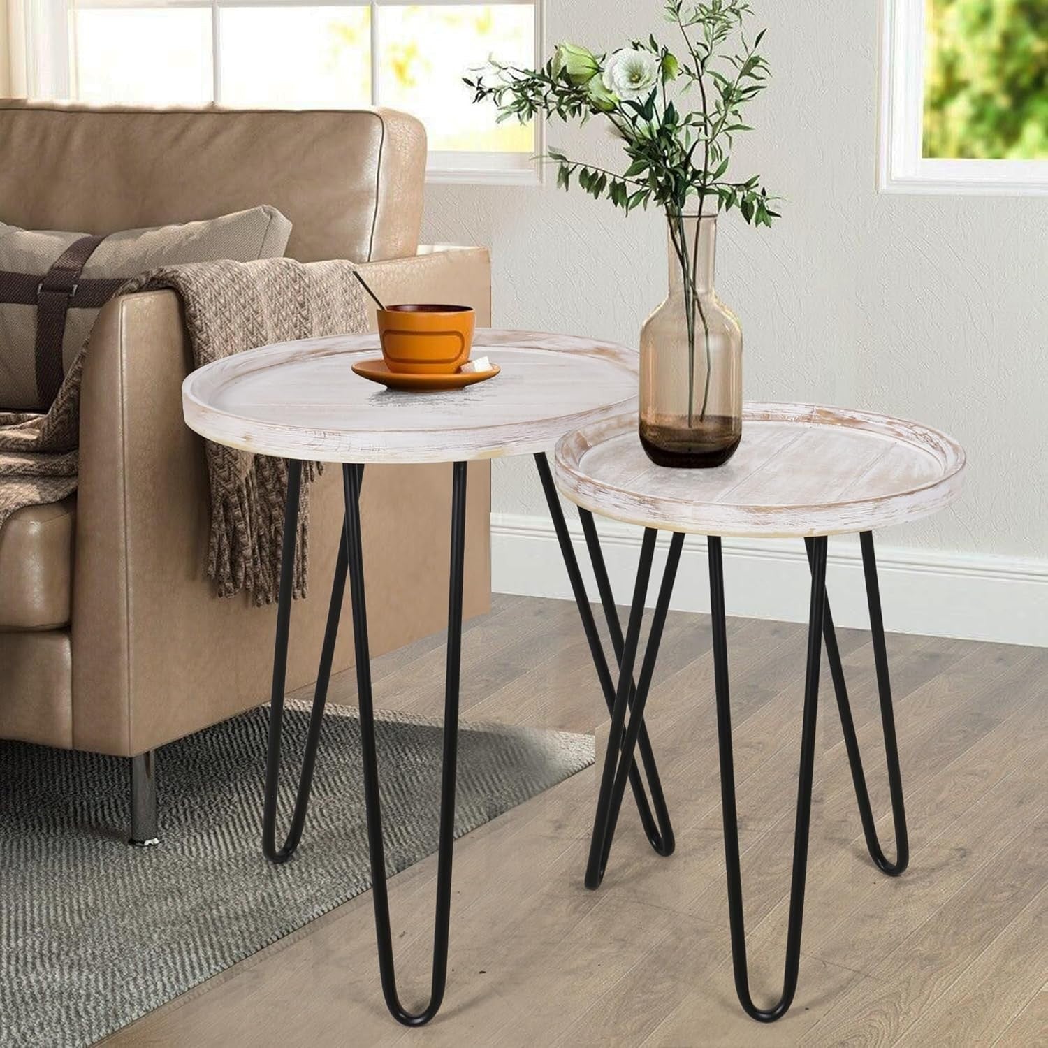 Distressed White Round Nesting Coffee Table Set Wood Metal Storage Living Room