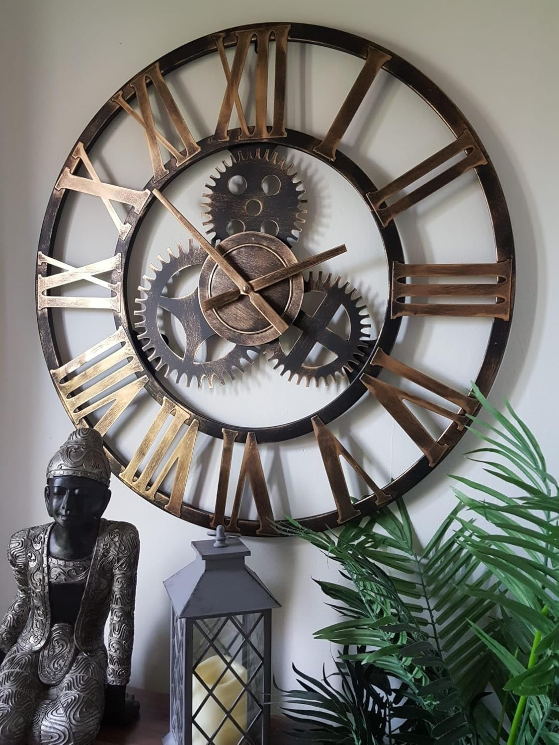 Large Rustic Gold Metal Skeleton Wall Clock - Silent Roman Numerals Decor