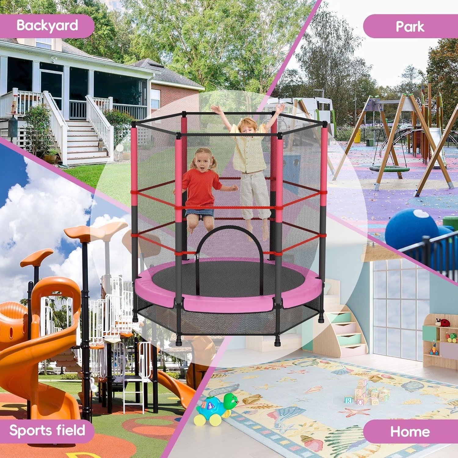 Pink Kids Trampoline 140cm Safety Net Indoor Outdoor Ages 3–10
