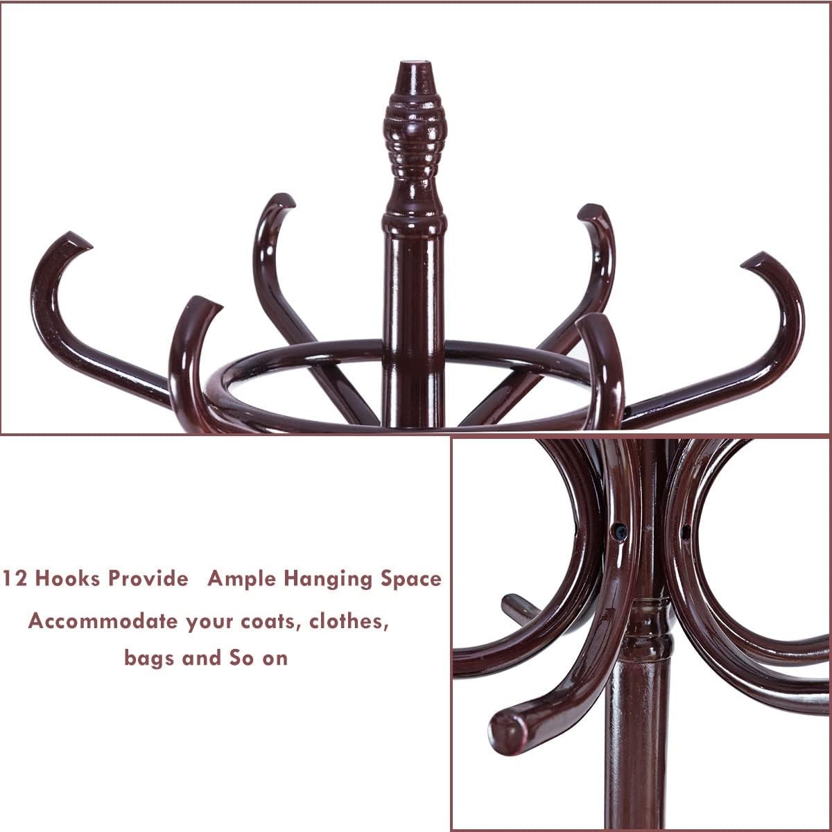 Mahogany Solid Wood Coat Rack with 12 Hooks & Umbrella Holder | Freestanding