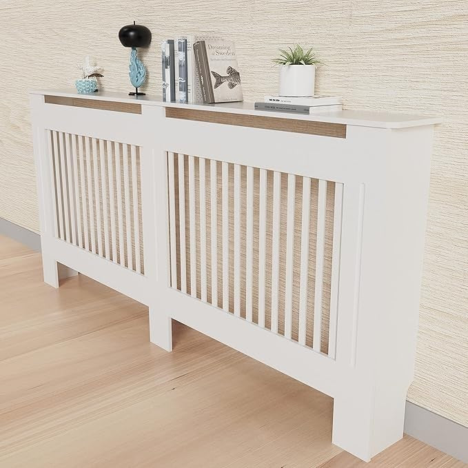 White 100cm Tall Radiator Cover MDF Cabinet Vertical Slats Hallway Furniture