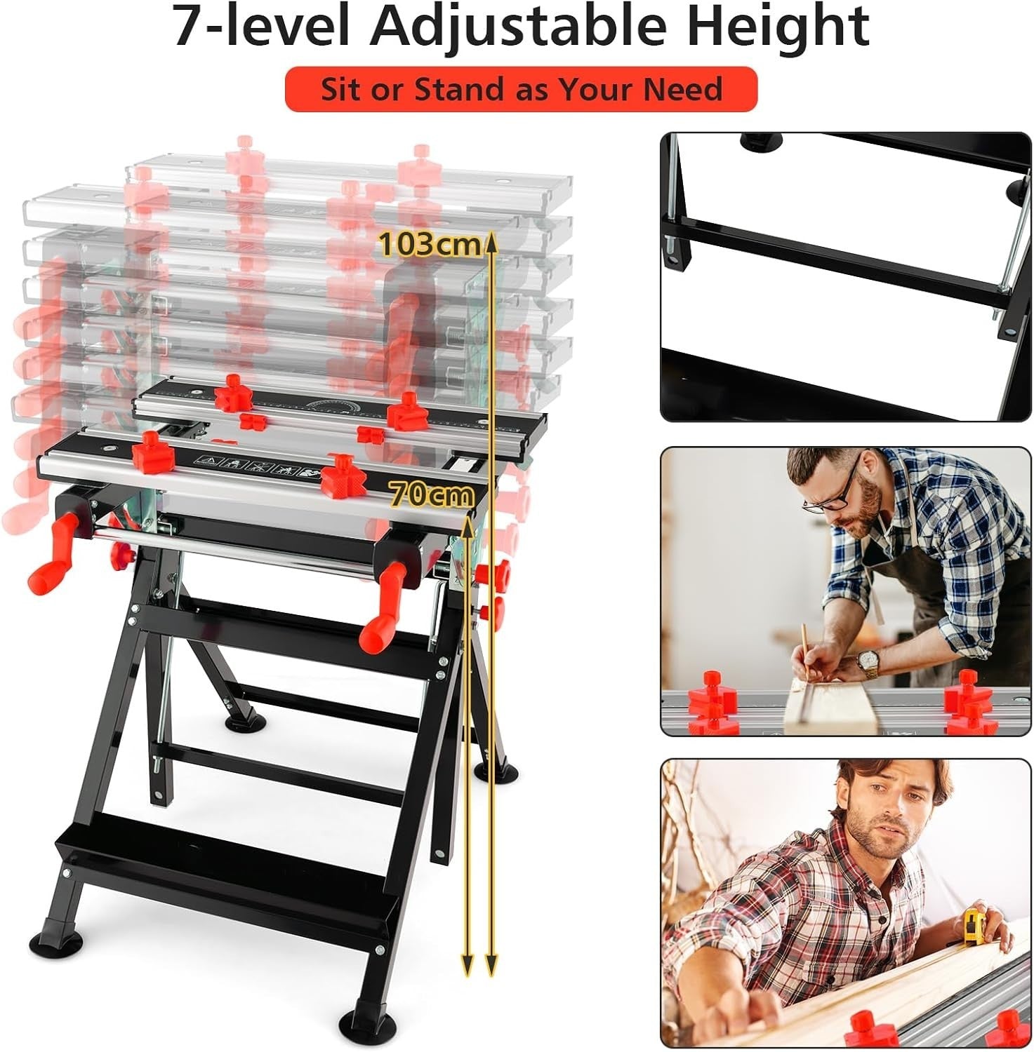 Folding Workbench 7-Level Adjustable Tilt Table Sawhorse Clamps Heavy Duty