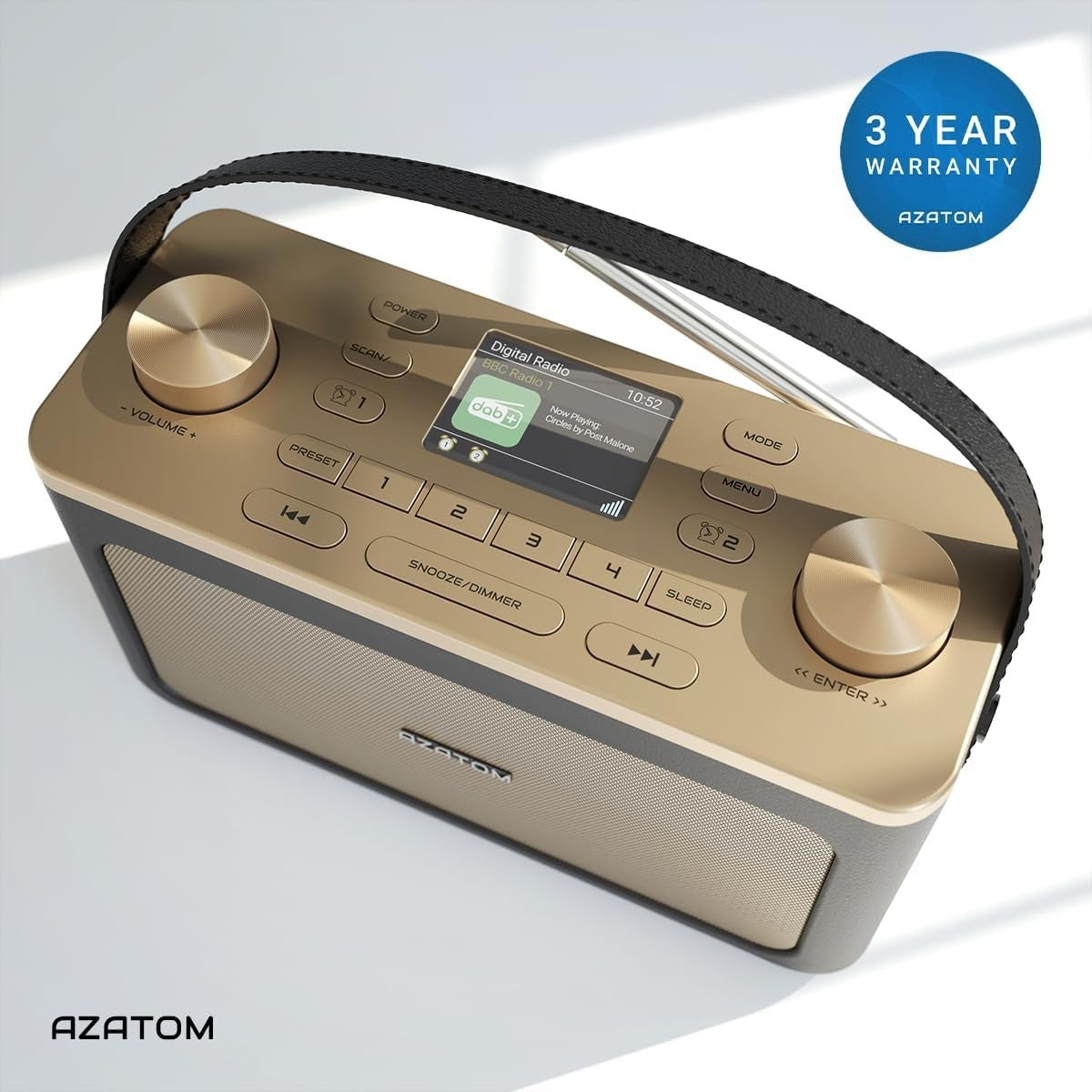 Portable DAB+ FM Radio Bluetooth Dual Alarm Leather Black Gold