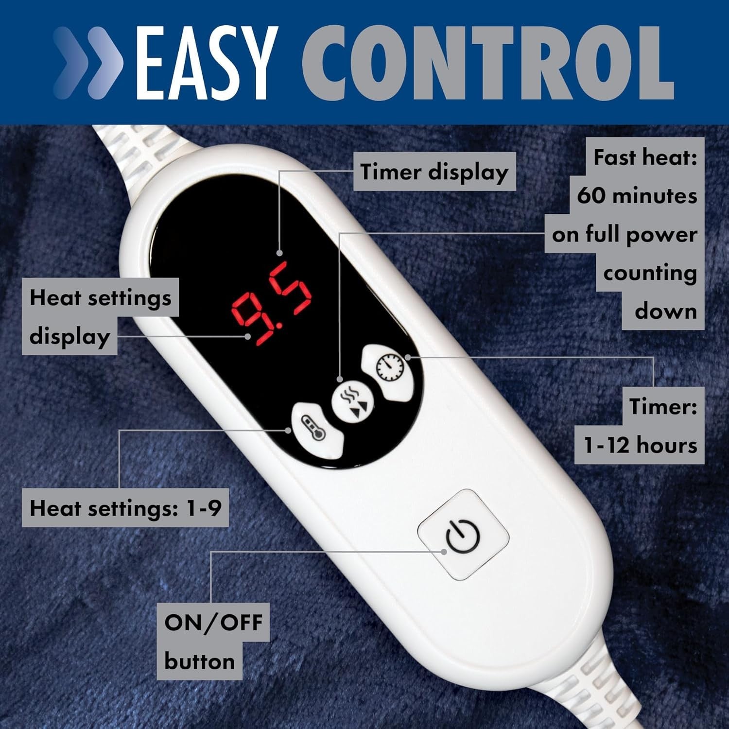 Electric Heated Throw Blanket XL 9 Heat Settings Timer Washable Navy