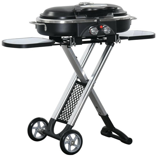 2 Burner Foldable Gas BBQ Grill w/ Thermometer, Shelves & Wheels Portable