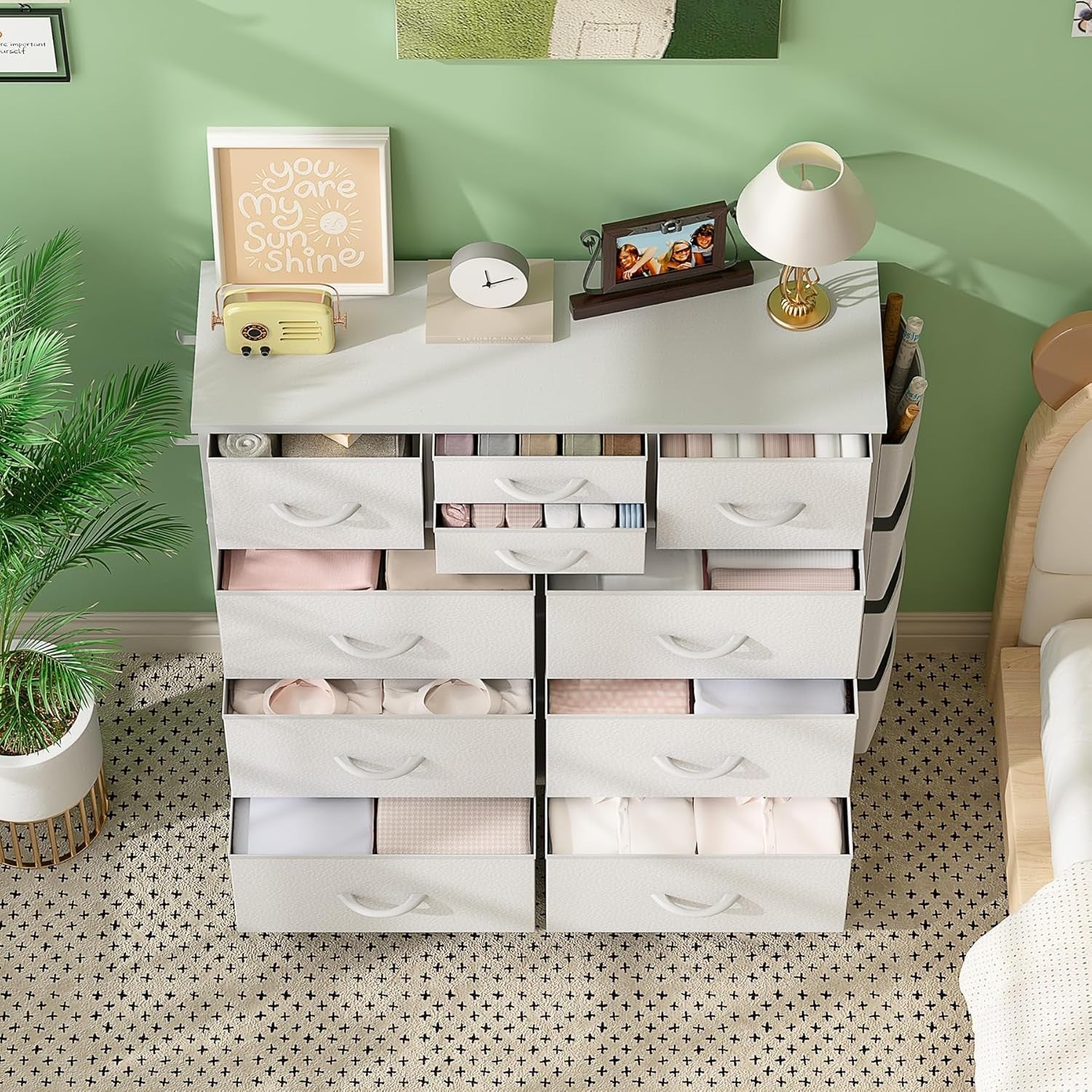 White 10-Drawer Tall Chest Fabric Drawers with Side Hooks & Storage Pockets