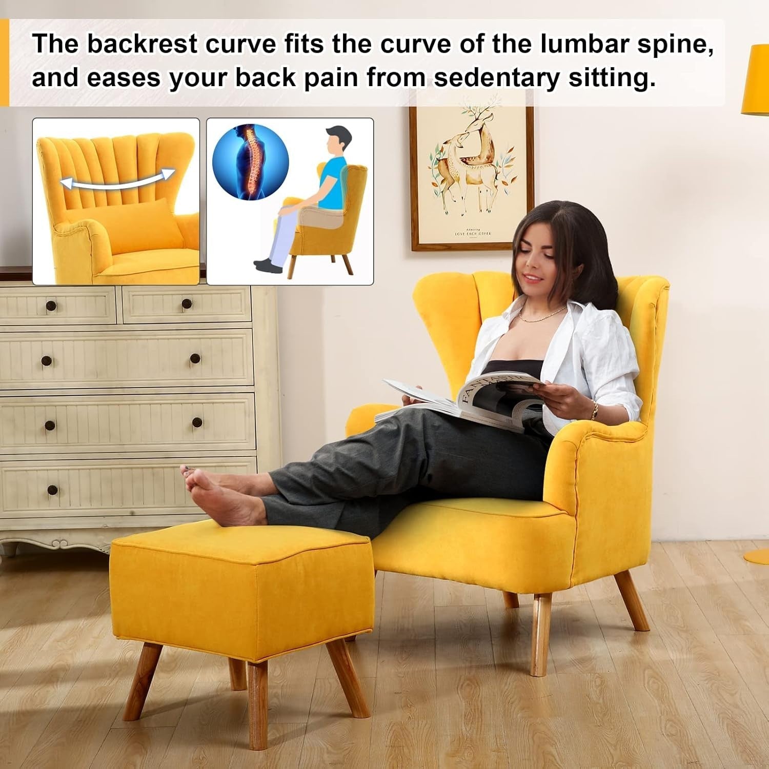 Yellow Linen Wingback Tub Chair with Footstool, Wooden Legs, Lounge Sofa
