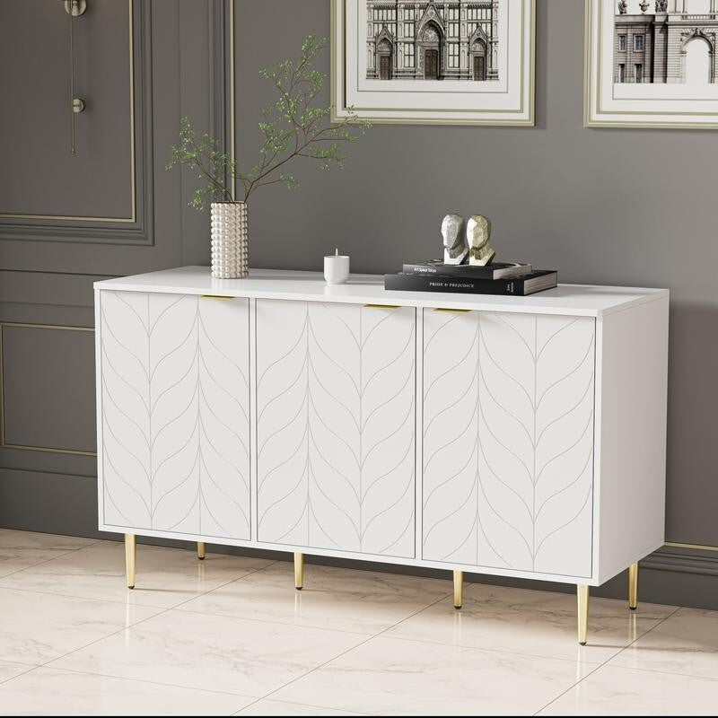 Modern White Storage Cabinet with Gold Legs – 4-Door Sideboard Unit 127cm