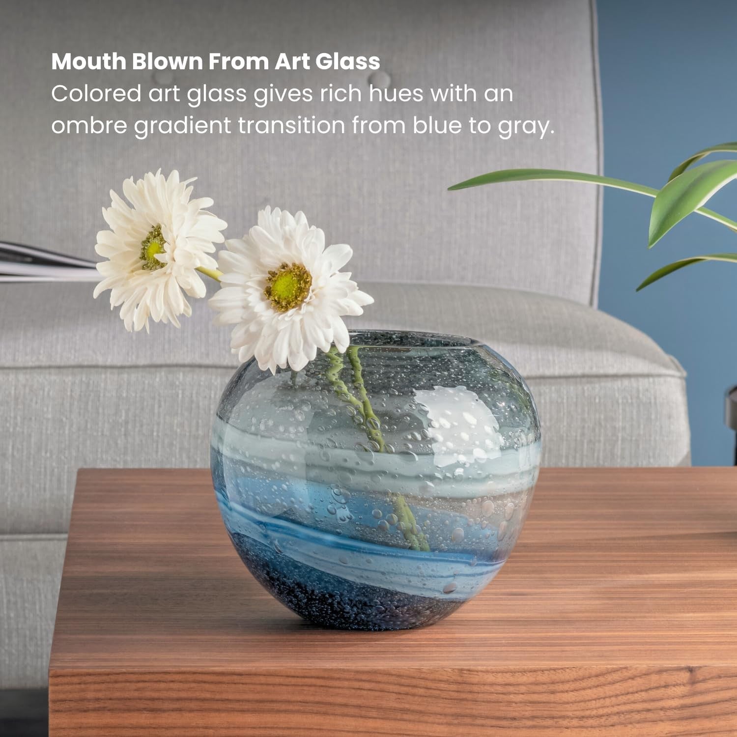 Handmade Blue Swirl Glass Sphere Vase Modern Living Room Centerpiece