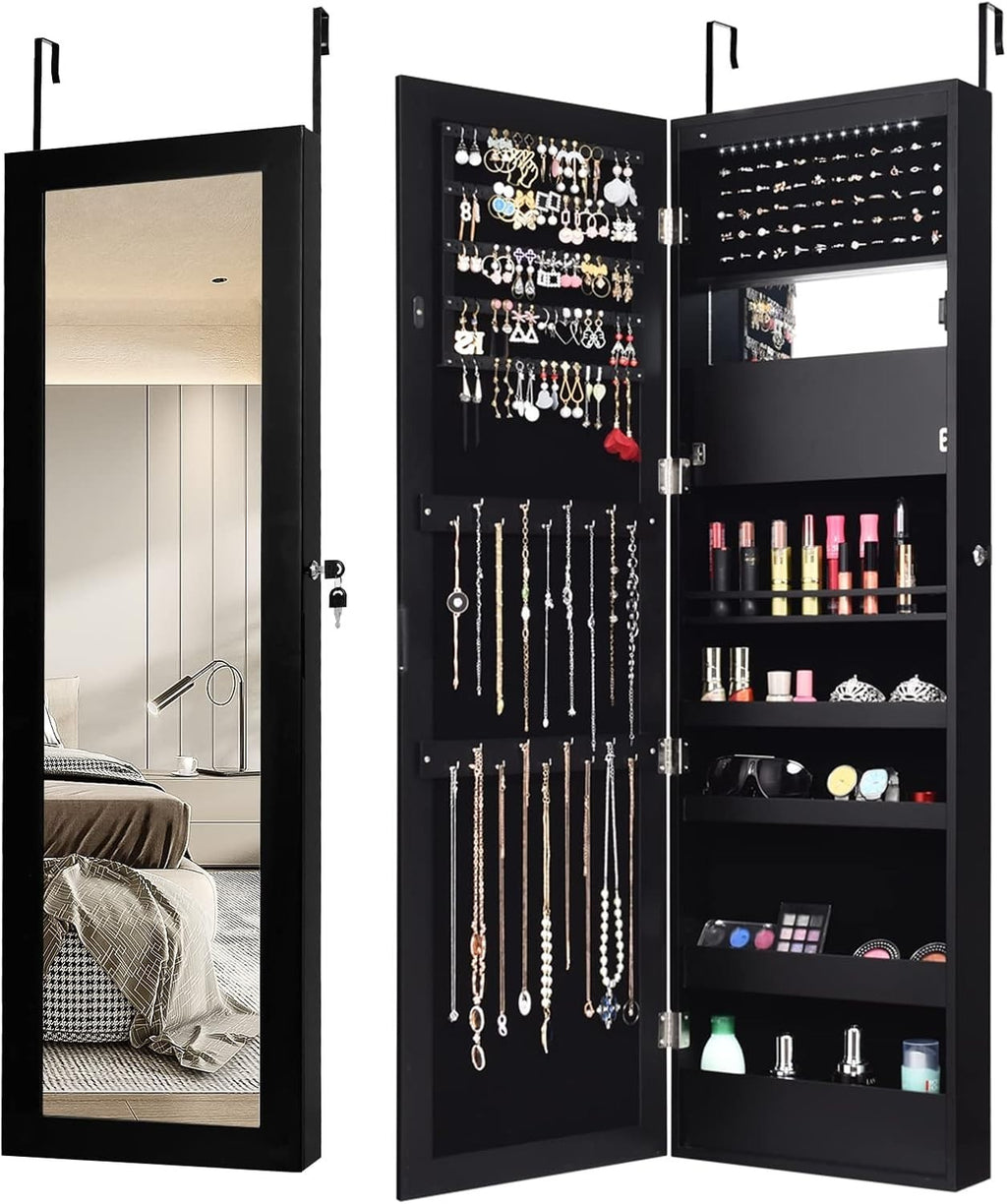 Black LED Wall Mounted Jewelry Cabinet Mirror Lockable Slim Organizer