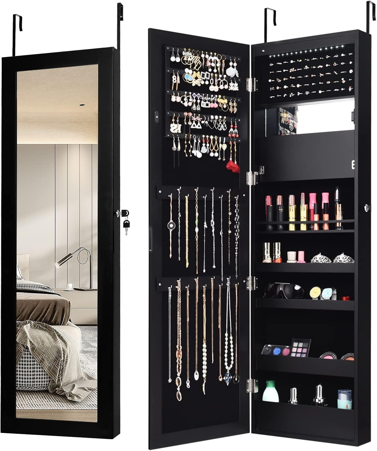 Black LED Wall Mounted Jewelry Cabinet Mirror Lockable Slim Organizer