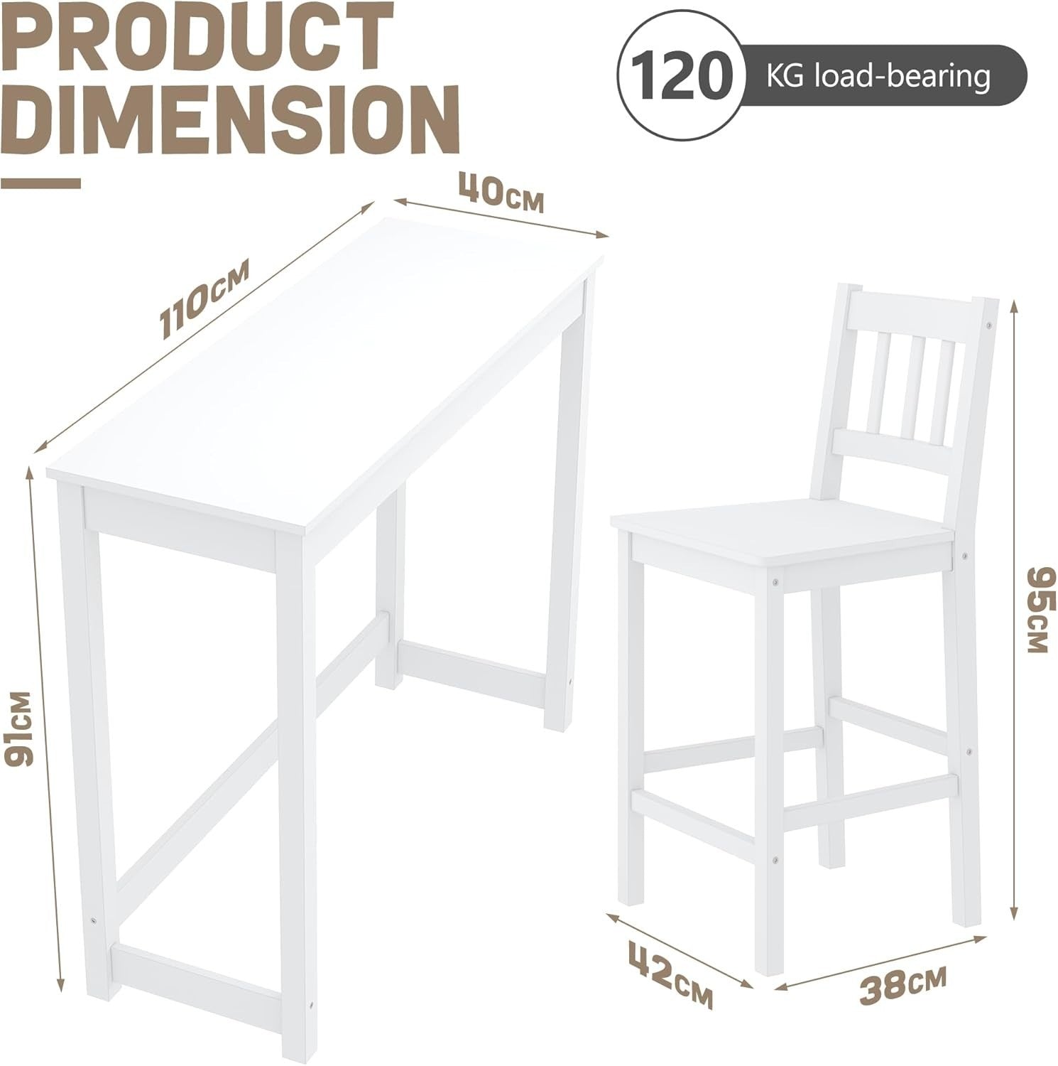 Solid Pine Wood Bar Table & 2 Stools Set - White Kitchen Breakfast Bistro