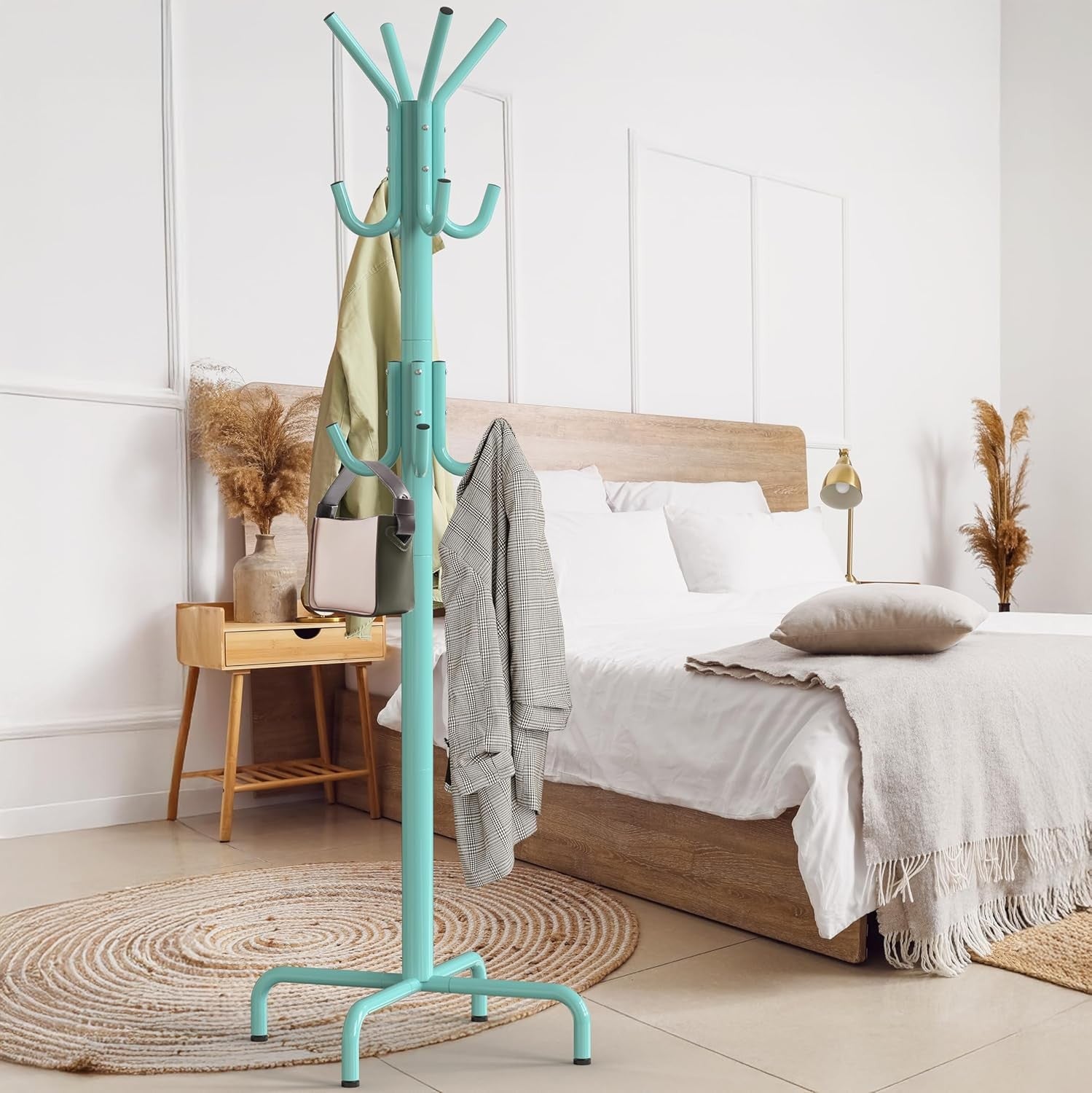 Standing Coat Rack with 12 Hooks | Turquoise Metal Hat & Scarf Organizer