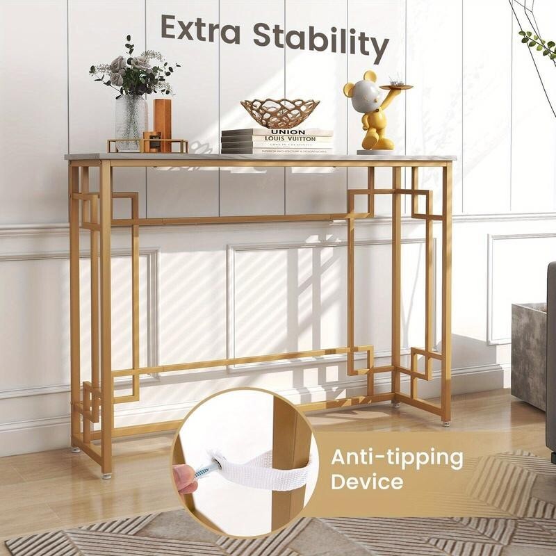 Modern White Faux Marble Console Table with Gold Geometric Frame 110cm