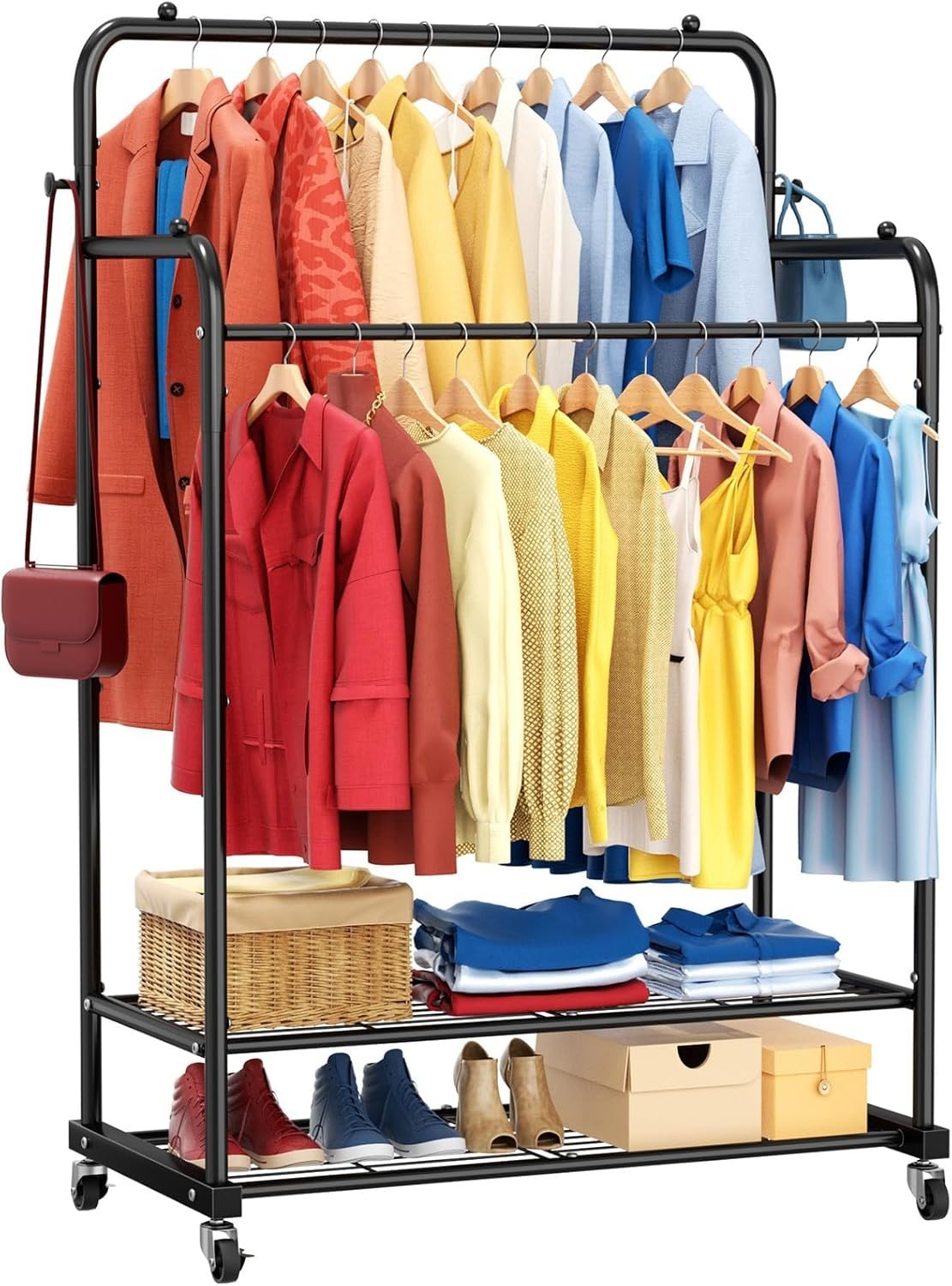 Heavy Duty Double Rod Clothes Rail with Wheels – Black 155cm