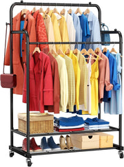 Heavy Duty Double Rod Clothes Rail with Wheels – Black 155cm