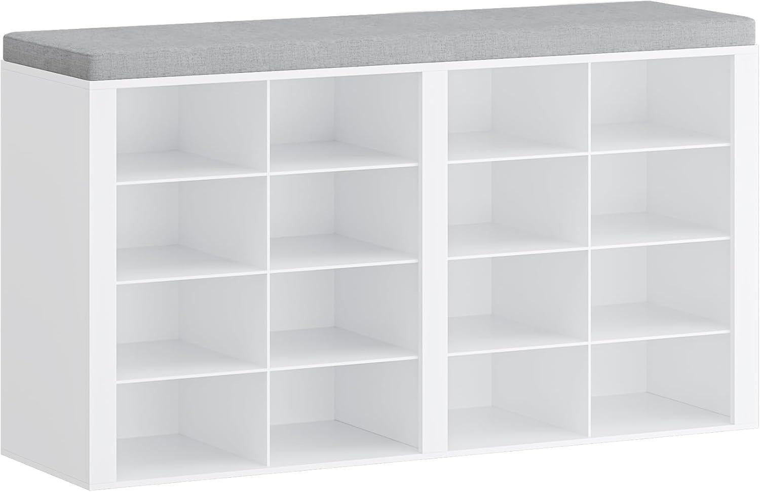 White & Grey Shoe Storage Bench with Cushion & 16 Adjustable Compartments