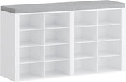 White & Grey Shoe Storage Bench with Cushion & 16 Adjustable Compartments