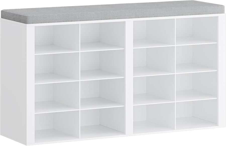 White & Grey Shoe Storage Bench with Cushion & 16 Adjustable Compartments