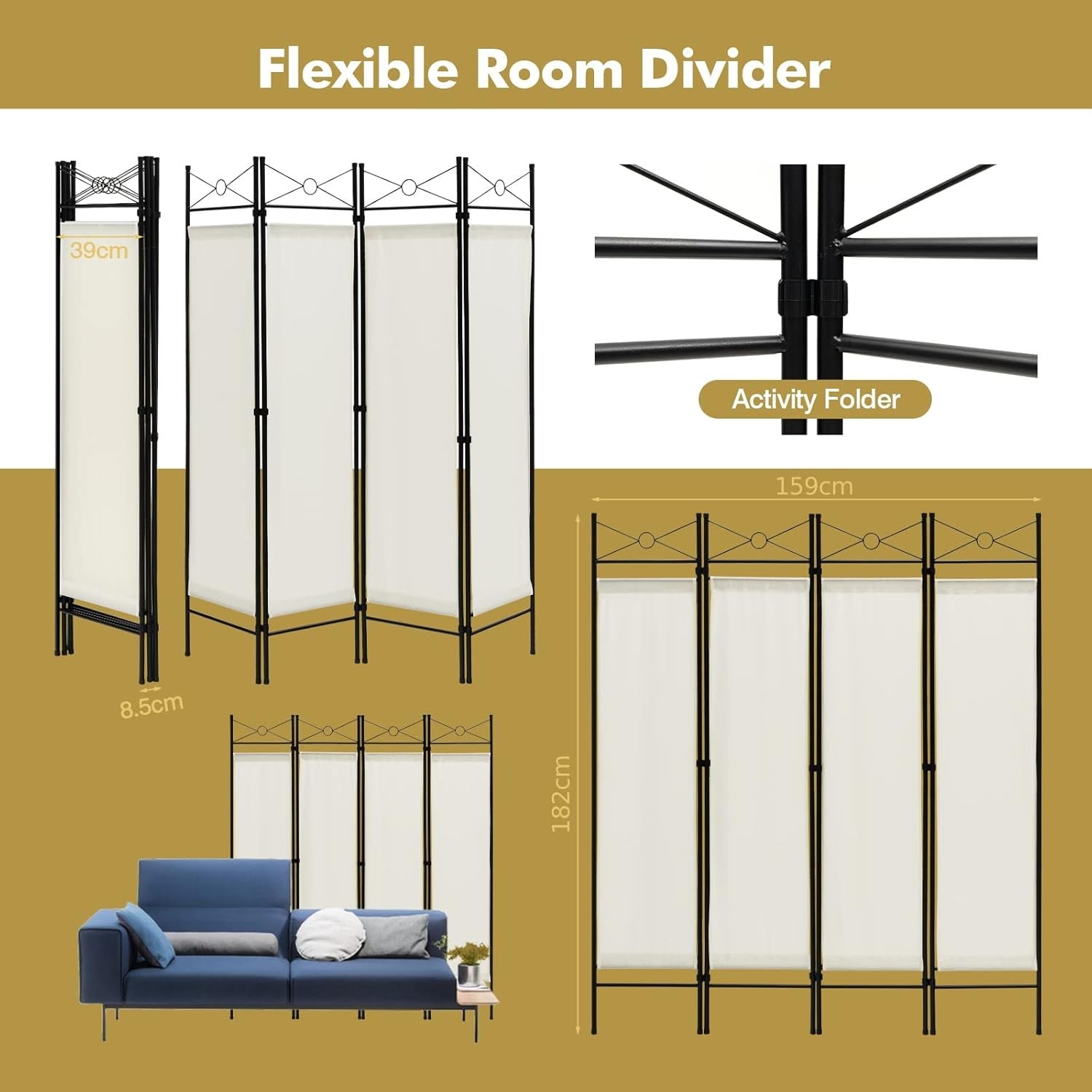 4 Panel White Folding Room Divider Privacy Screen Partition for Bedroom Office