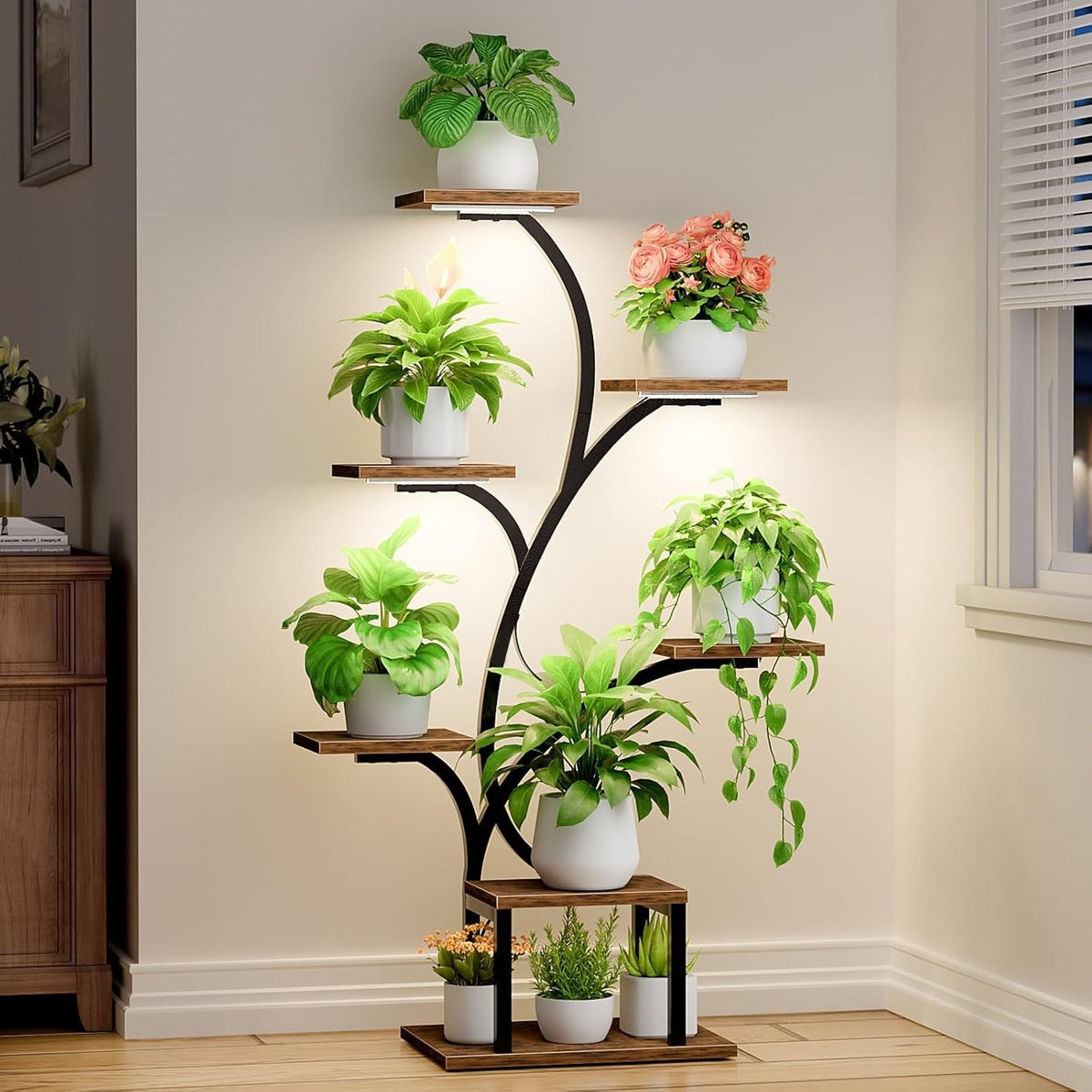 7-Tier Indoor Plant Stand with Grow Lights, Tree-Shaped Metal Flower Shelf