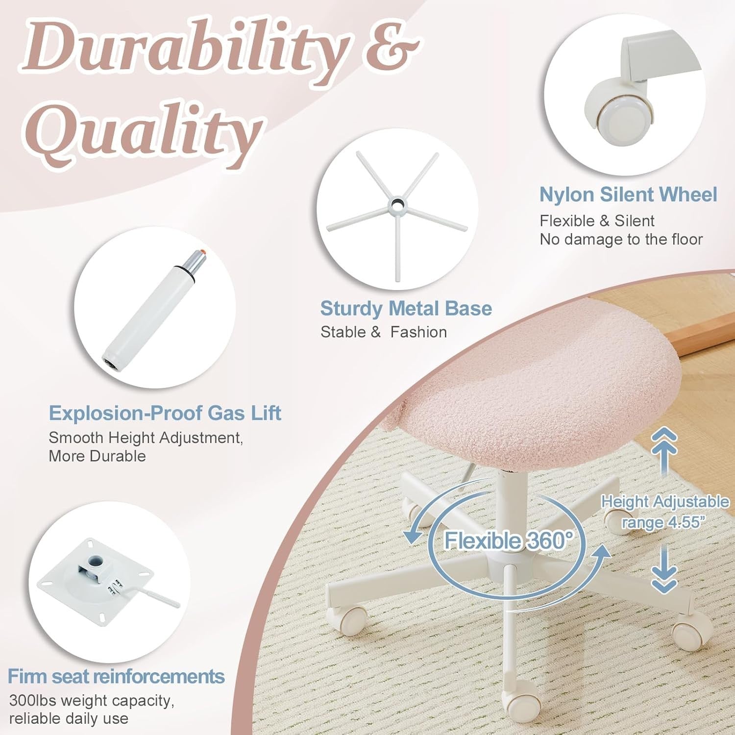 Gentle Pink Teddy Fleece Desk Chair – Adjustable Height Swivel Office Seat