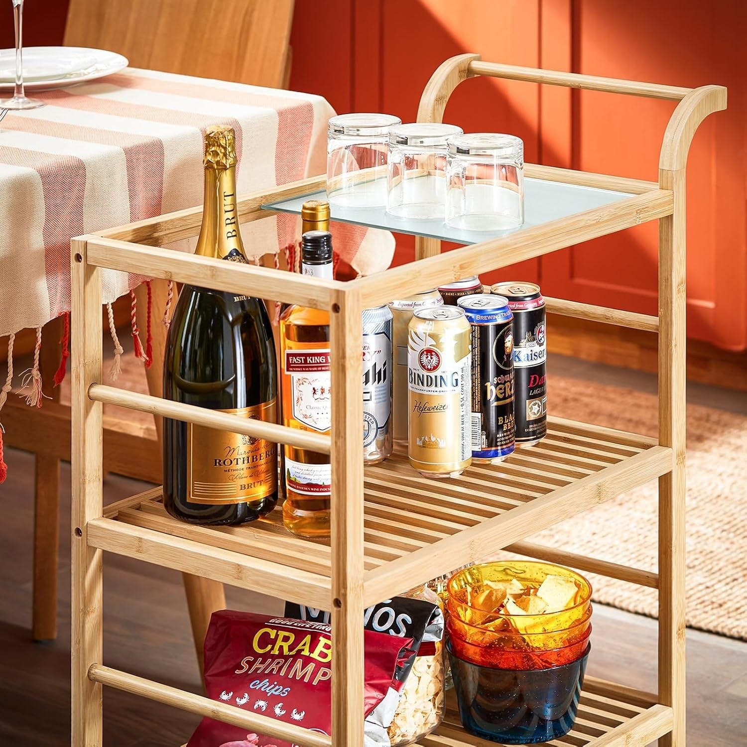 3 Tier Kitchen Trolley Cart Bamboo Storage Shelves Glass Top Wheels