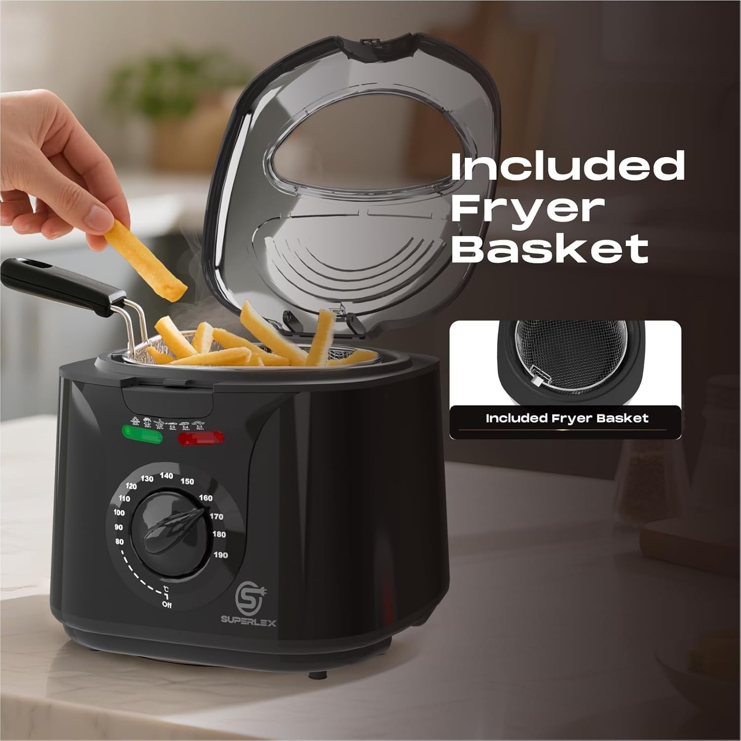 Electric Deep Fat Fryer 2L Mini 1300W Adjustable Temp Viewing Window Black