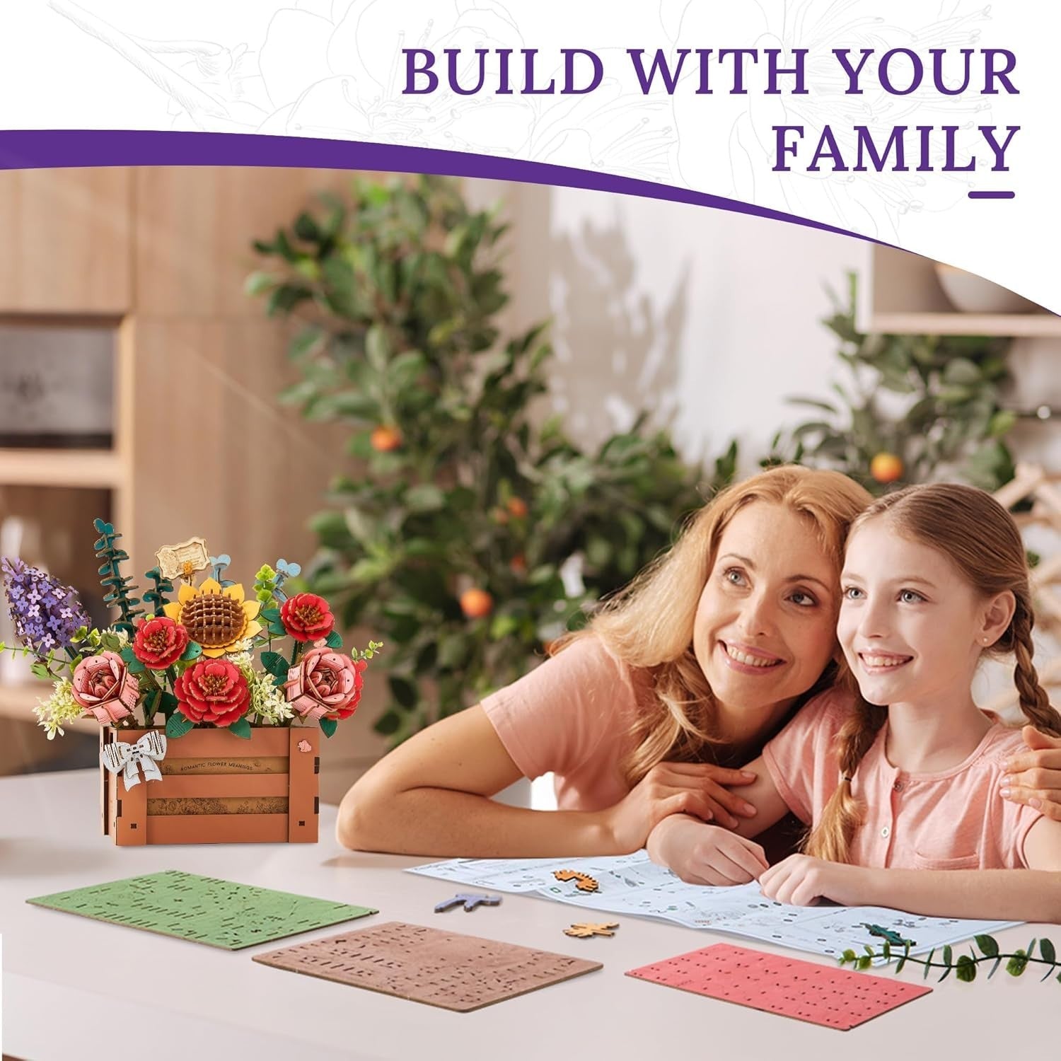 3D Wooden Flower Puzzle Kit DIY Bloom Box Home Decor Gift for Her Adults