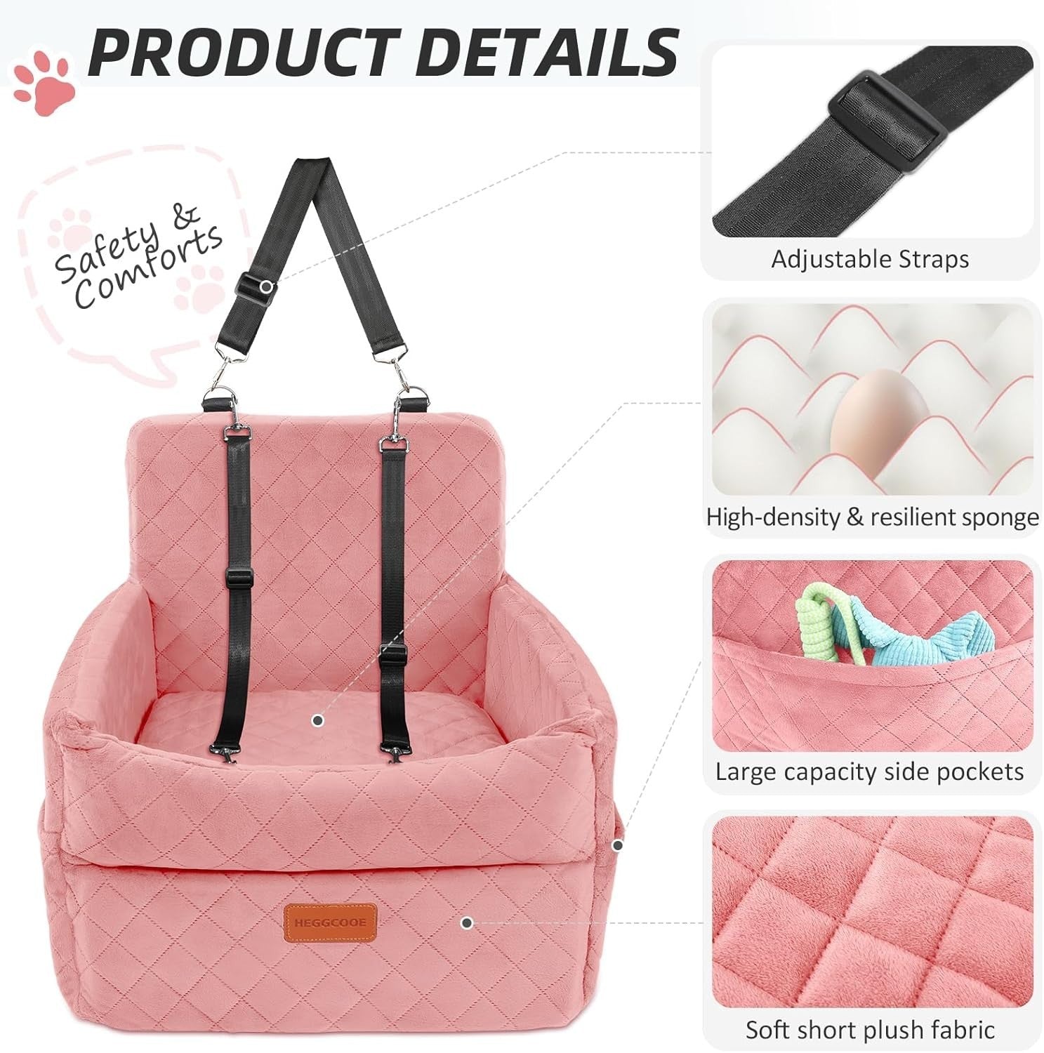 Pink Dog Booster Car Seat Memory Foam Travel Bed 2 Safety Belts