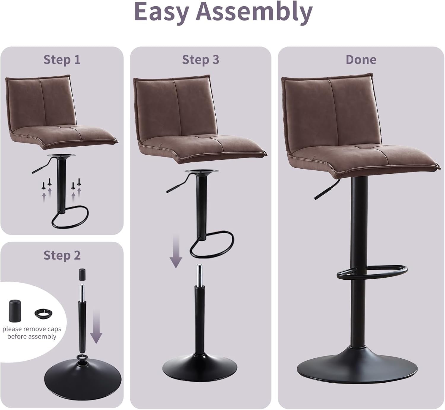 Pu Brown Faux Leather Bar Stool Set of 4 Adjustable Swivel Kitchen Chairs