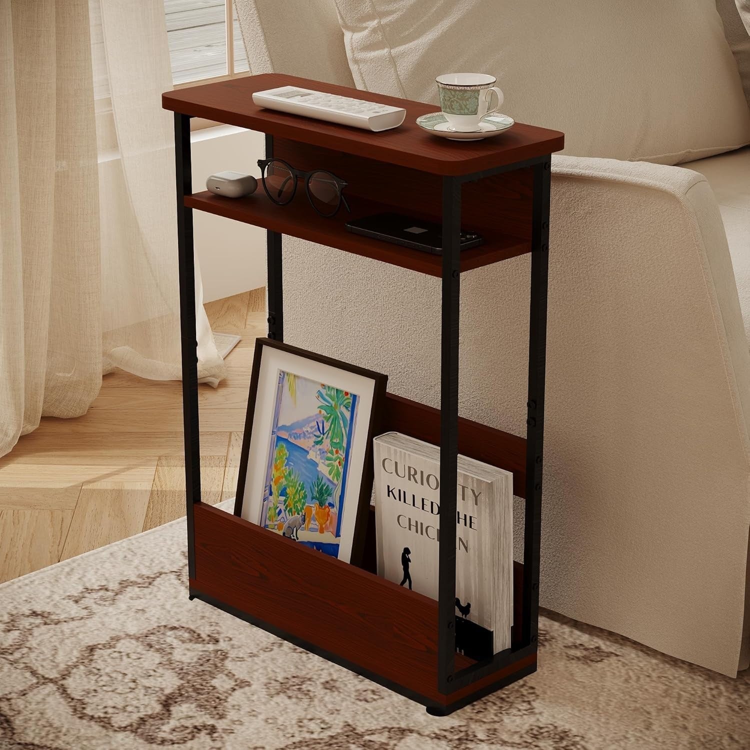 Narrow 3-Tier Side Table with Storage Shelf Slim End Table 46x18x62.5cm