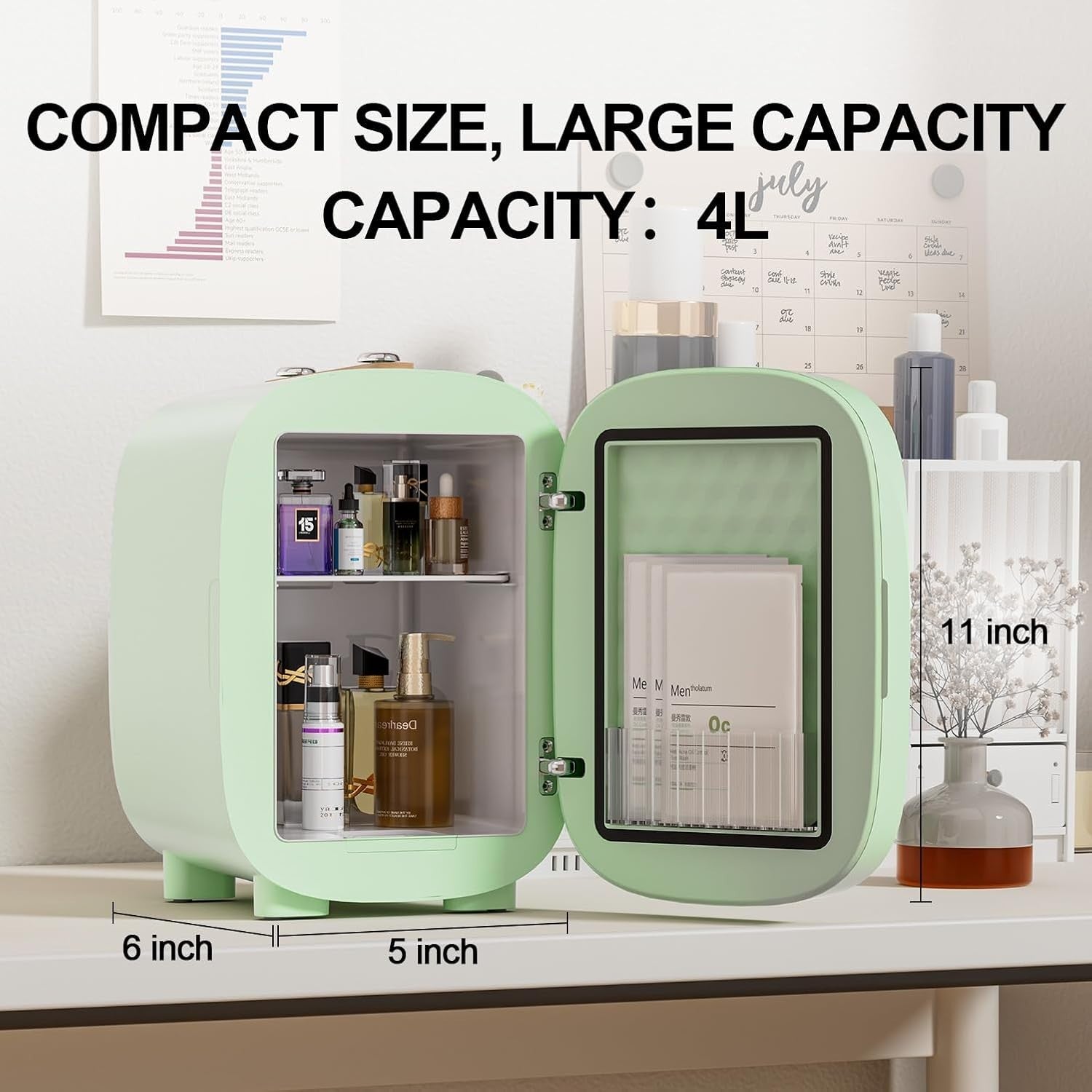 4L Skincare Mini Fridge Cooler & Warmer LED Mirror Portable Green