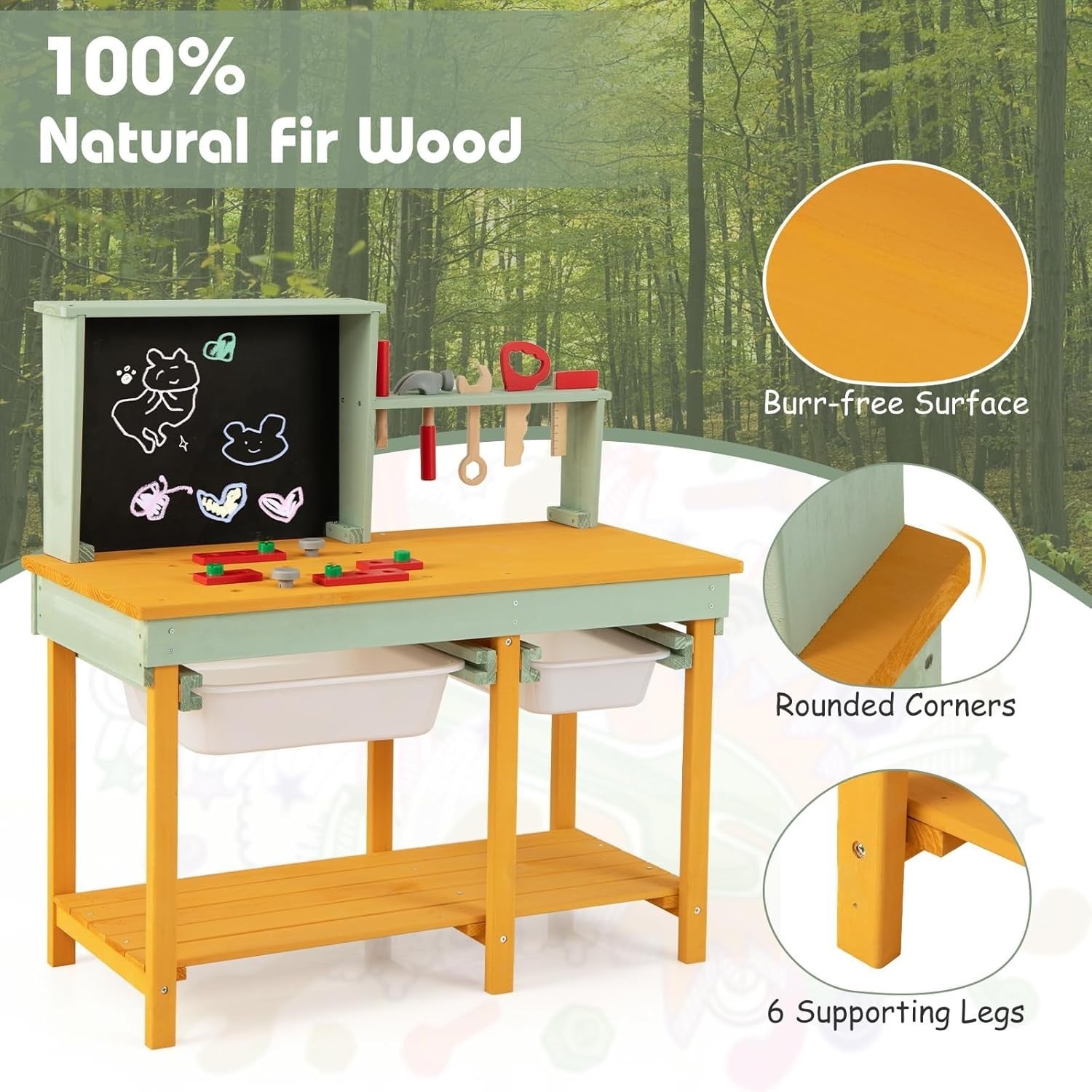 Wooden Kids Workbench Tool Set w/ Chalkboard Baskets Storage Pretend Play