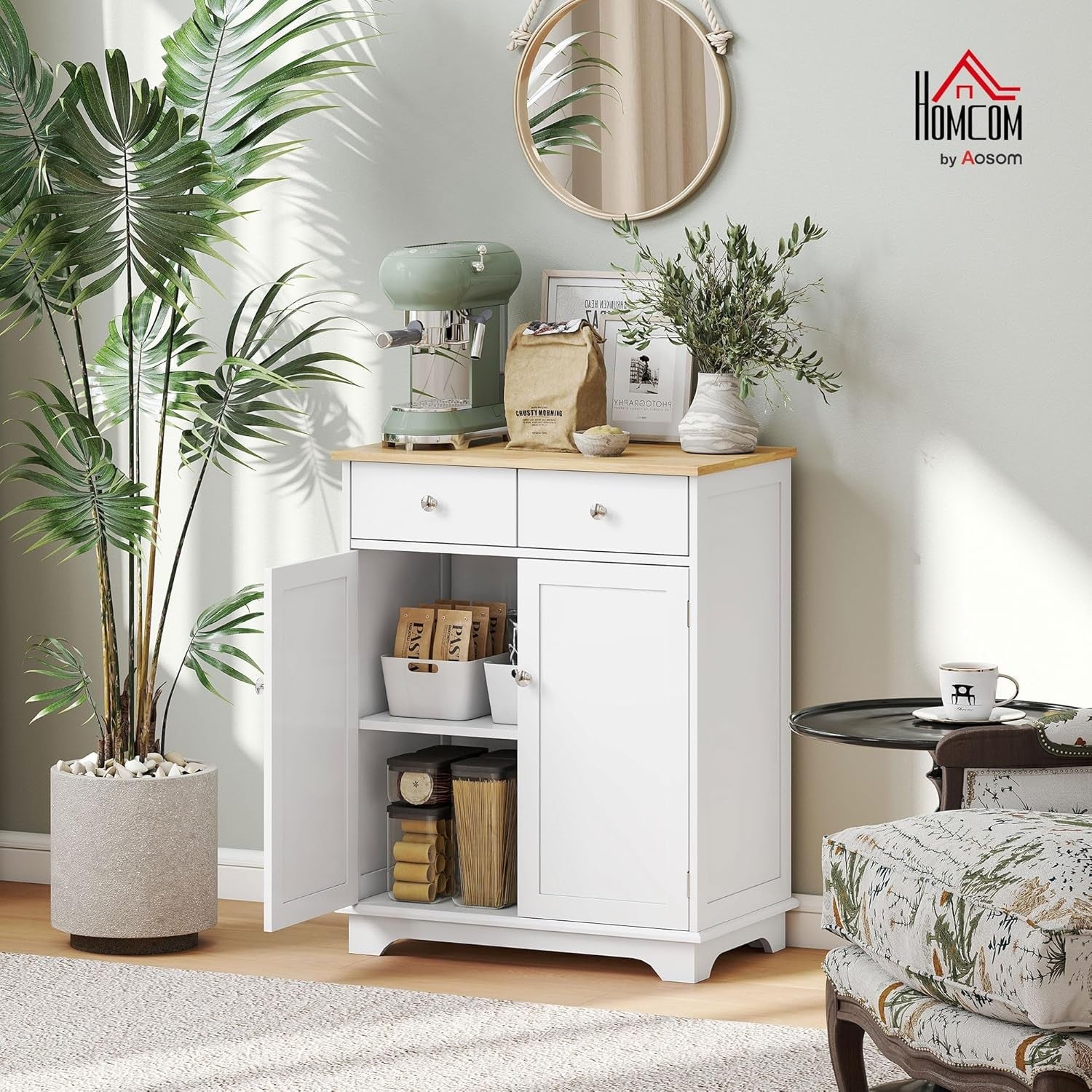 White Kitchen Sideboard Cabinet with Wood Top, Drawers & Adjustable Shelf