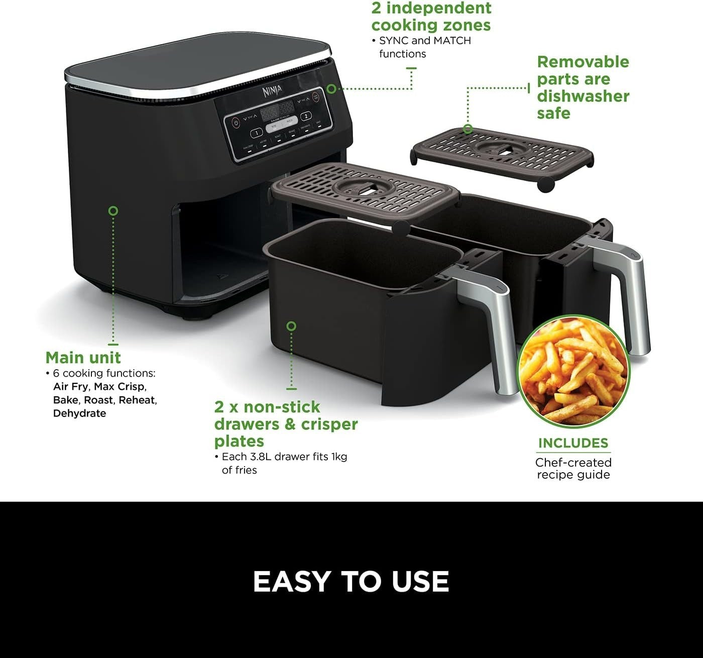 Dual Zone Digital Air Fryer 7.6L | 6-in-1 | No-Oil Cooking | Large Capacity