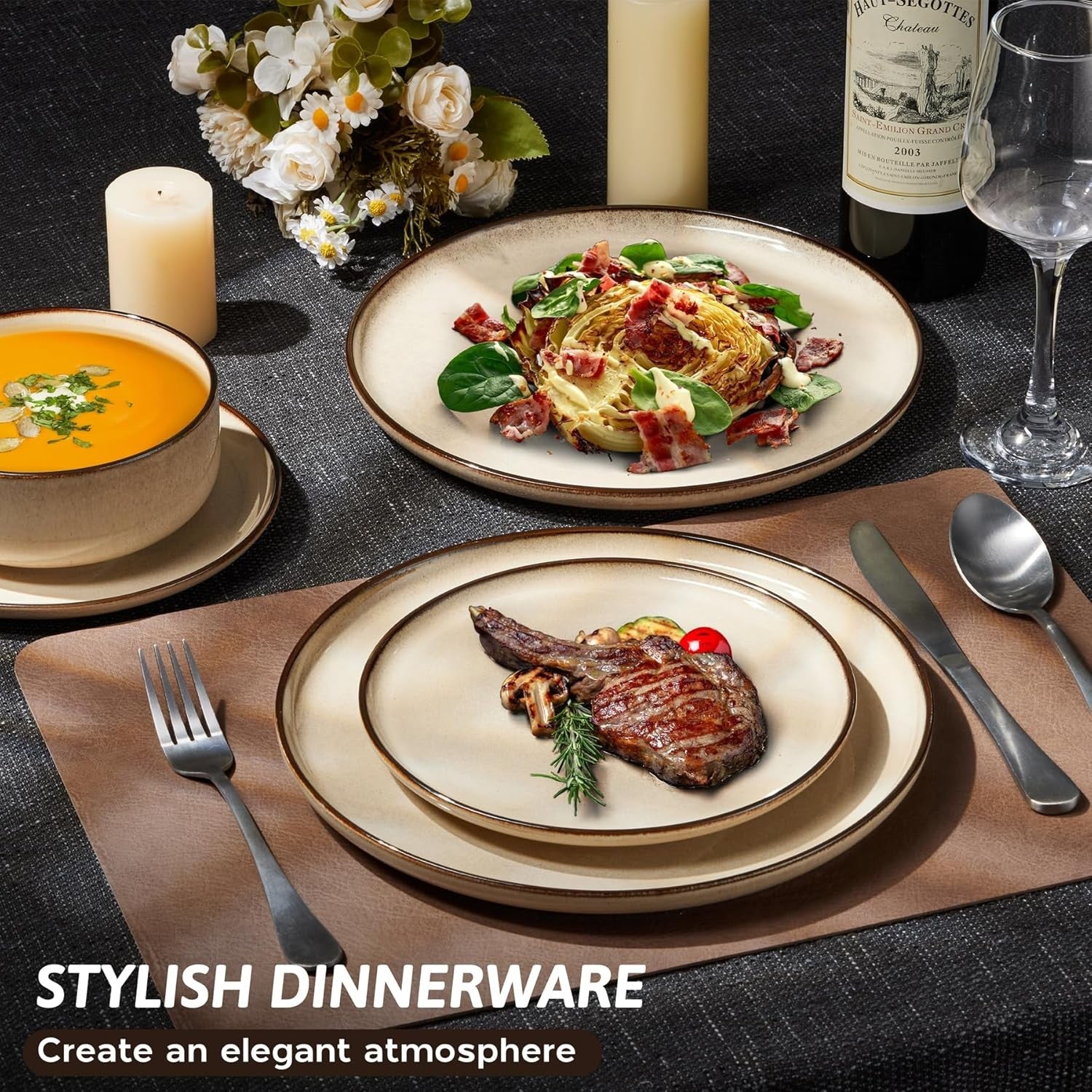 12pc Stoneware Dinner Set for 4 Cream Plates Bowls Microwave Safe