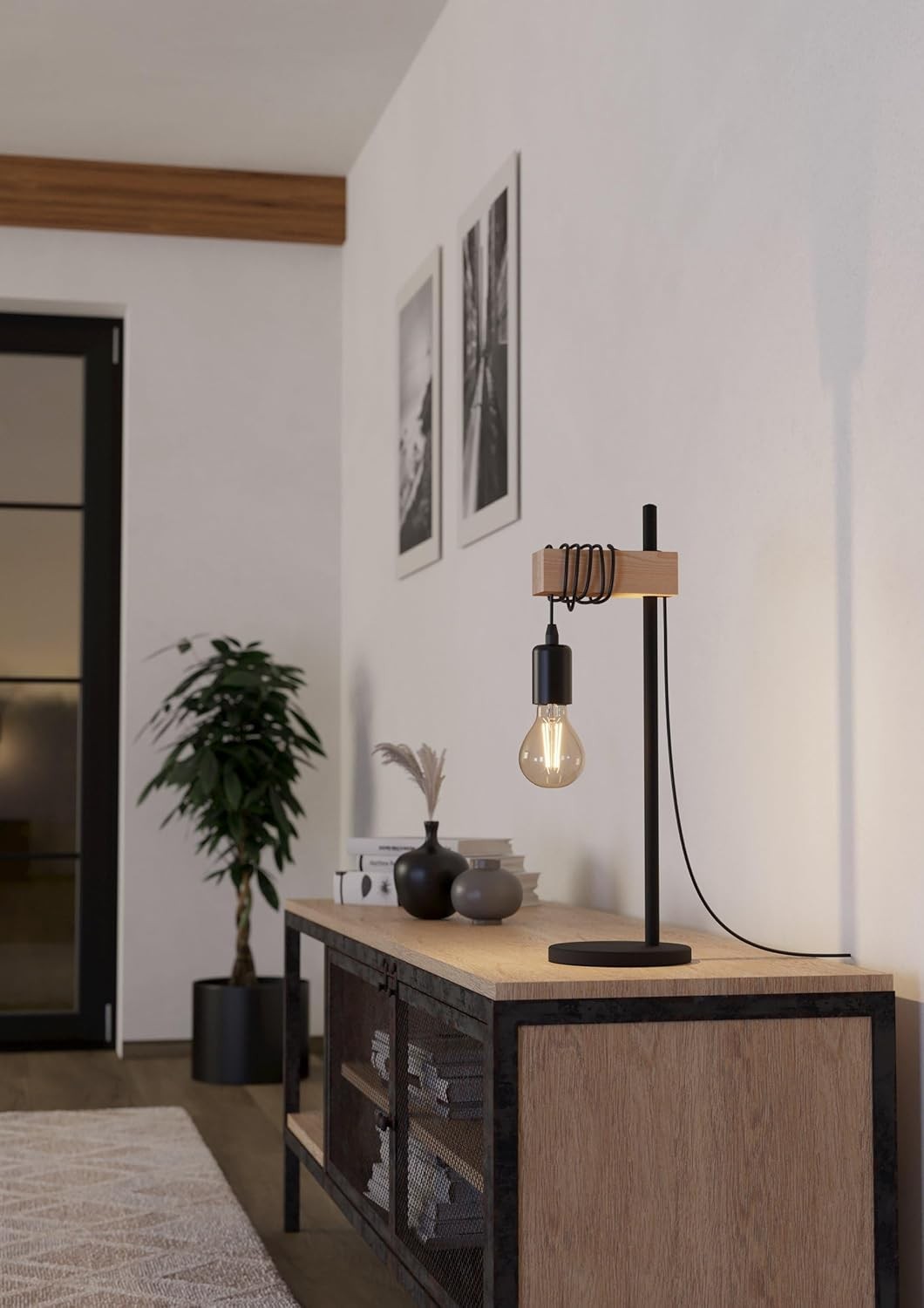 Vintage Industrial Table Lamp Wood & Steel Bedside Light E27 Switch