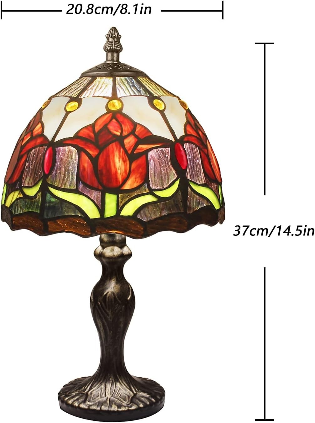 Vintage Stained Glass Table Lamp Red Tulips Handmade Desk Bedside Light