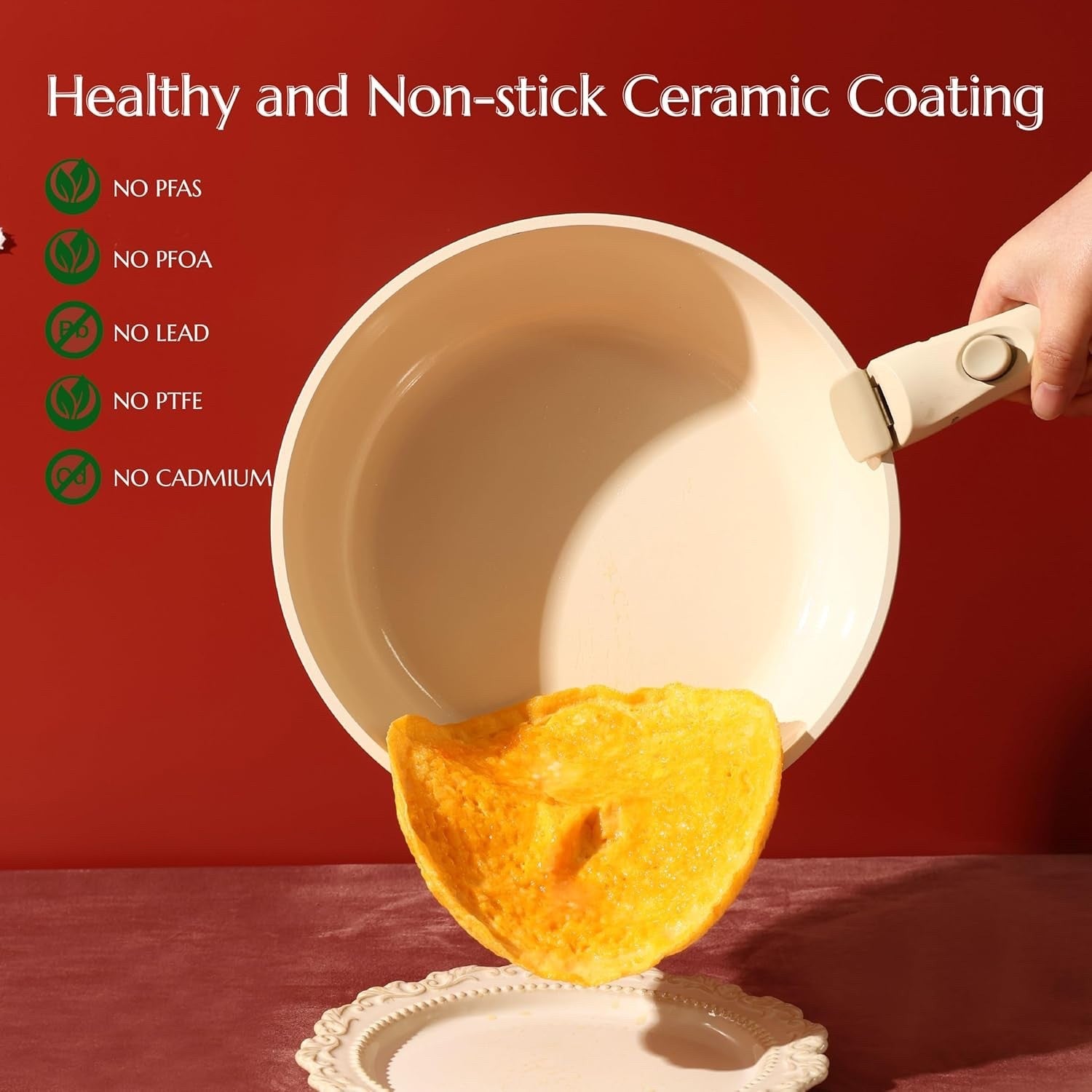 5pcs Cream Ceramic Cookware Set Removable Handle Induction & Oven Safe